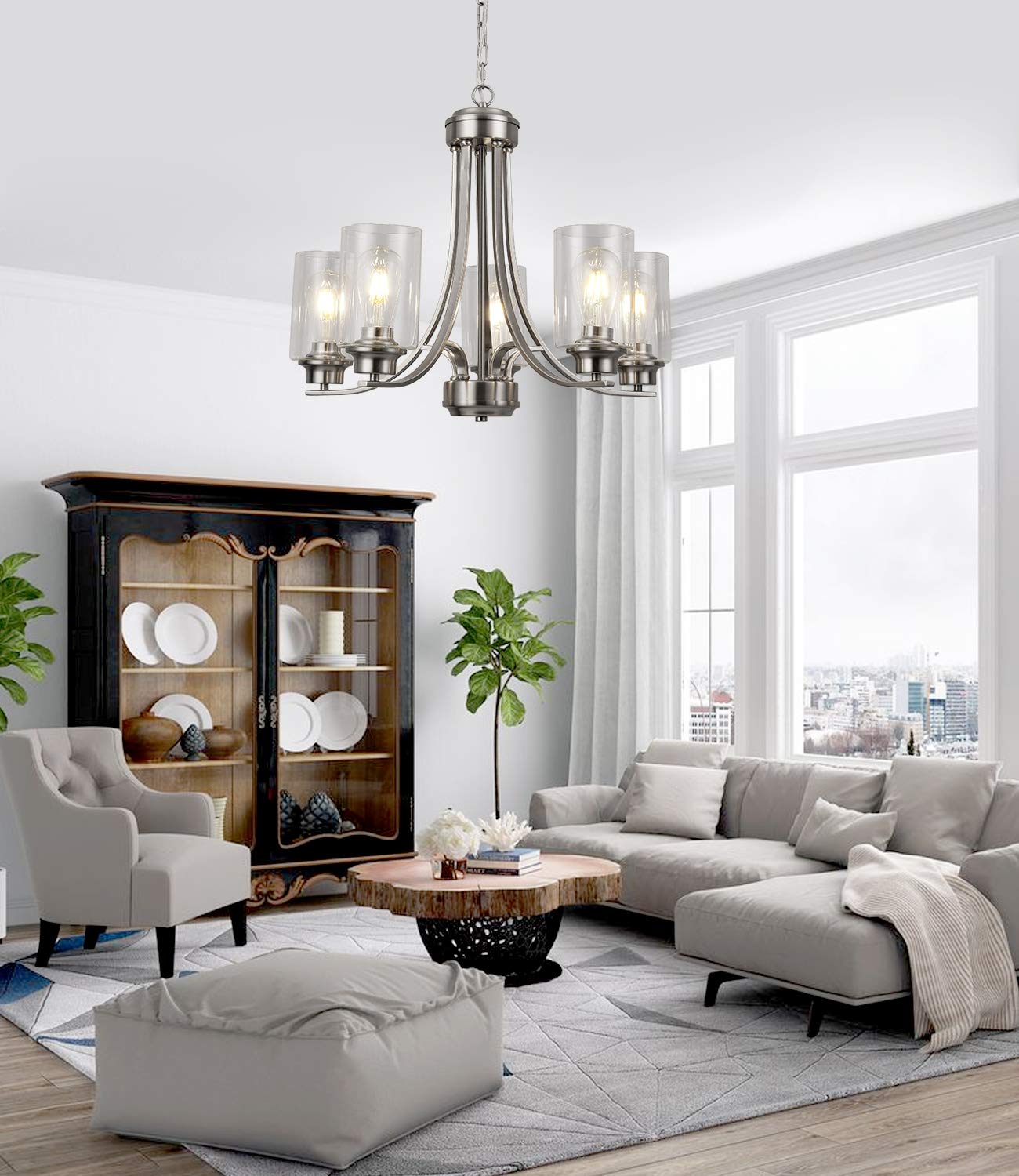 5-Light Clear Glass Modern Chandelier with Brushed Nickel Finish - Elegant Dining Room Ceiling Pendant Light for Foyer, Bedroom, Kitchen & Living Room | Perfect for Home Decor and Interior Lighting