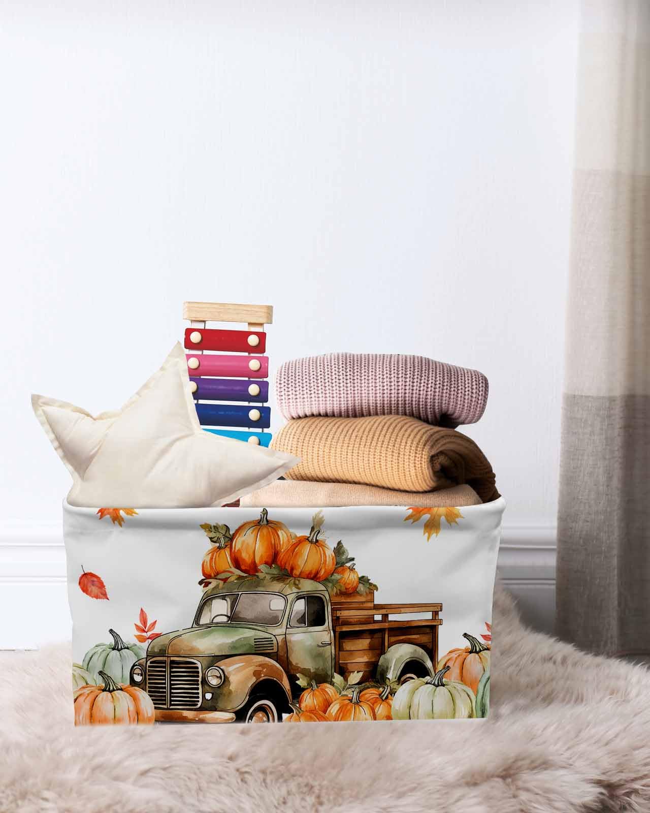 2 Pack Collapsible Storage Baskets with Handles - Farmhouse Pumpkin & Maple Leaf Design Organizer Bins for Nursery Toys, Laundry, Closet Organization | Perfect for Fall Decor, Thanksgiving Home Storage & Farmhouse Shelves Display