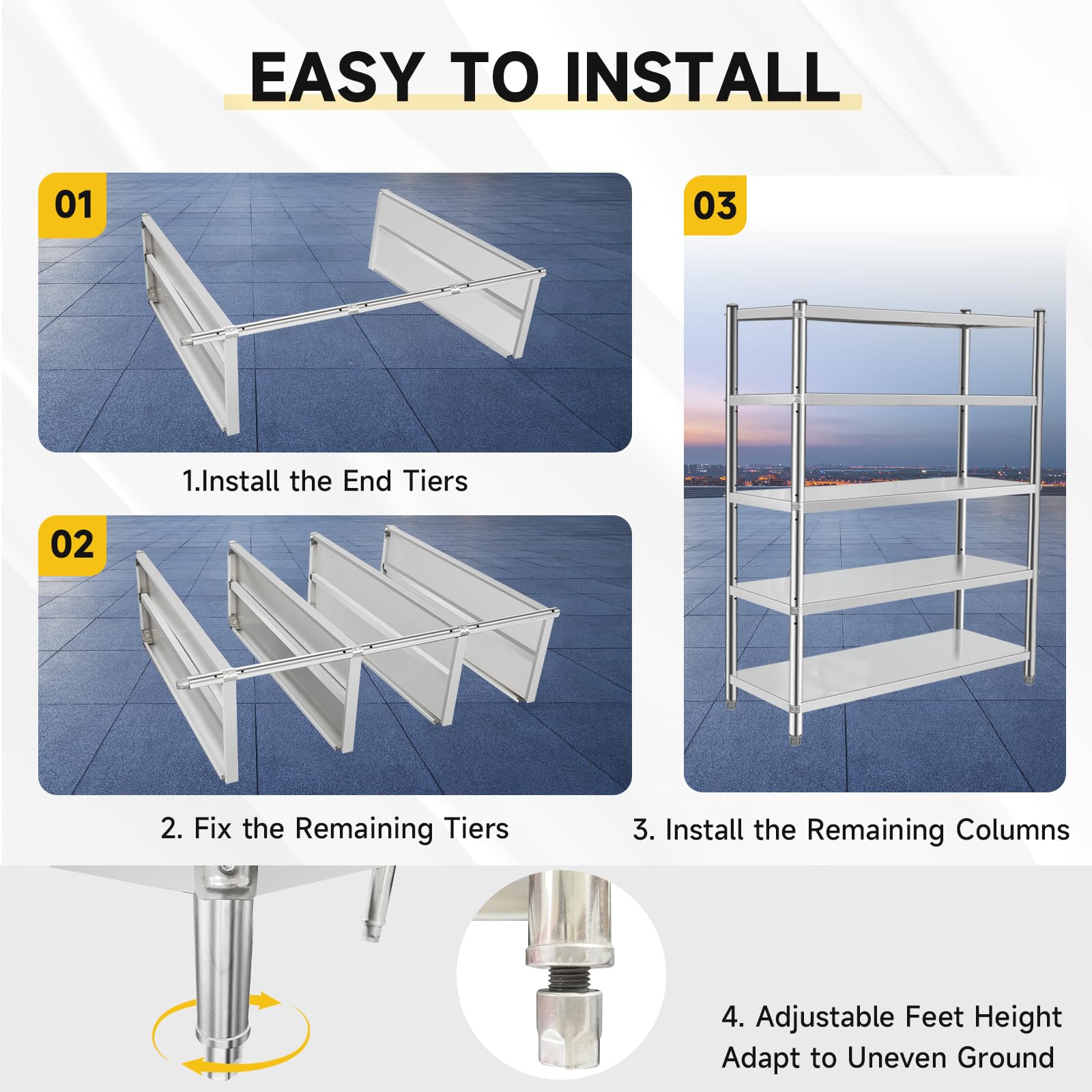5-Tier Stainless Steel Shelving Unit 60x18x70 Inches - Adjustable Storage Rack for Kitchen, Commercial & Office Use - Heavy Duty Metal Shelves for Pantry, Warehouse, Garage Organization