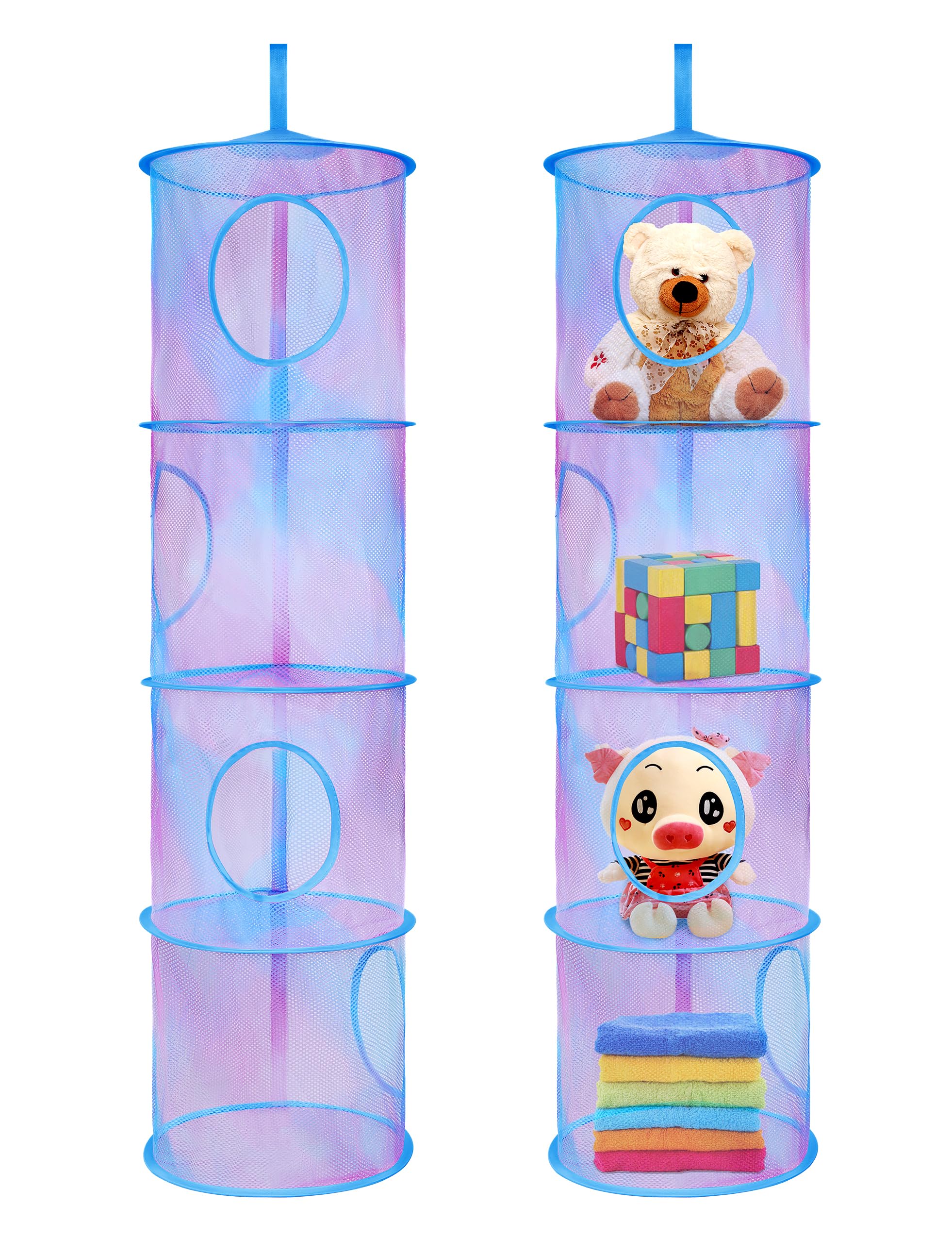 Coastal Rose 2-Pack Foldable Stuffed Animal Storage Net & Toy Hammock Organizer - 4 Compartment Hanging Mesh for Kids Room, Toys, Socks, Gloves & Hats (Pink Blue Tie Dye) - Perfect for Nursery, Playroom & Bedroom Organization