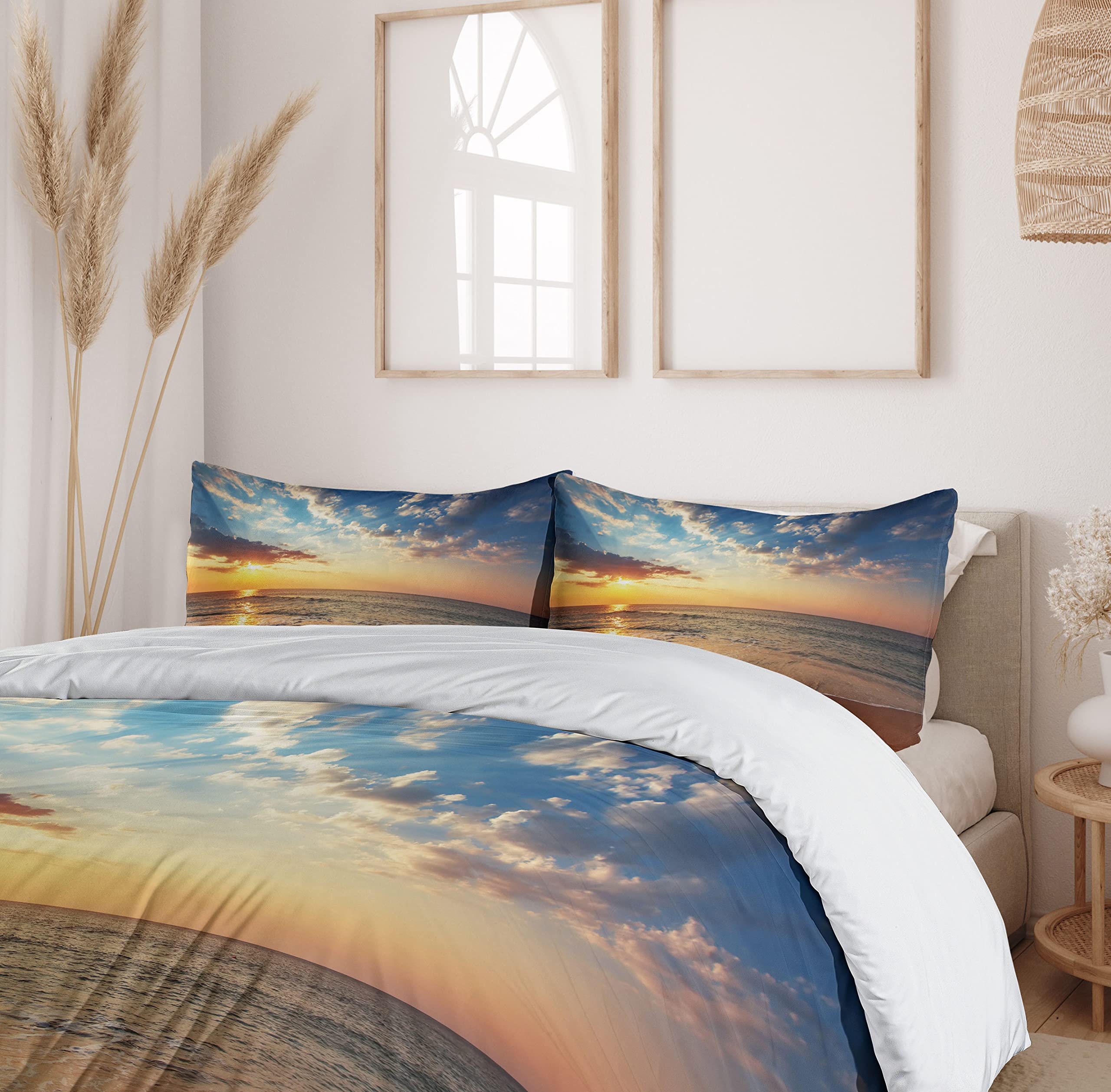Ambesonne Ocean Duvet Cover Set - California King 3 Piece Bedding with 2 Pillow Shams, Blue Yellow Brown Cloudscape Design for Coastal & Beach Themed Bedrooms | Perfect for Honeymoon Travel Inspired Decor, Sunrise Panoramic Home Decor