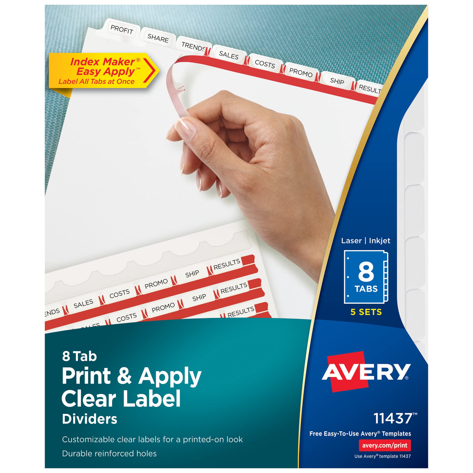 Avery 8 Tab Dividers for 3 Ring Binder - Printable Clear Label Strips, Customizable White Index Tabs (5 Sets, 11437) - Perfect for Office Organization, School Projects & Document Filing