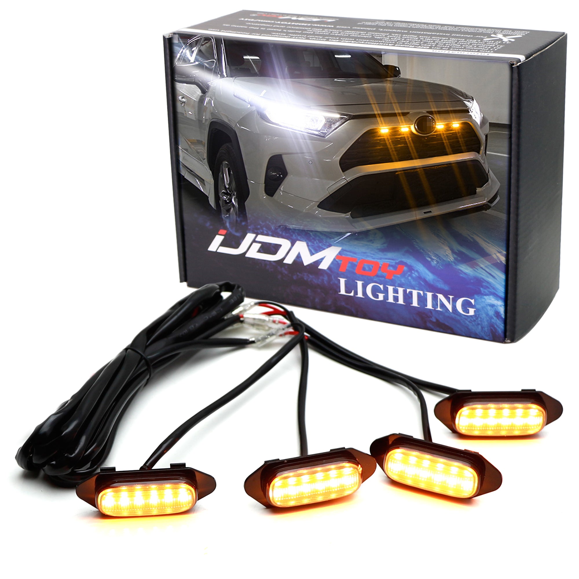 4-Piece Smoked TRD Style Front Grille with Amber LED Lights for 2019-2024 Toyota RAV4 | Off-Road & Night Driving Enhancement