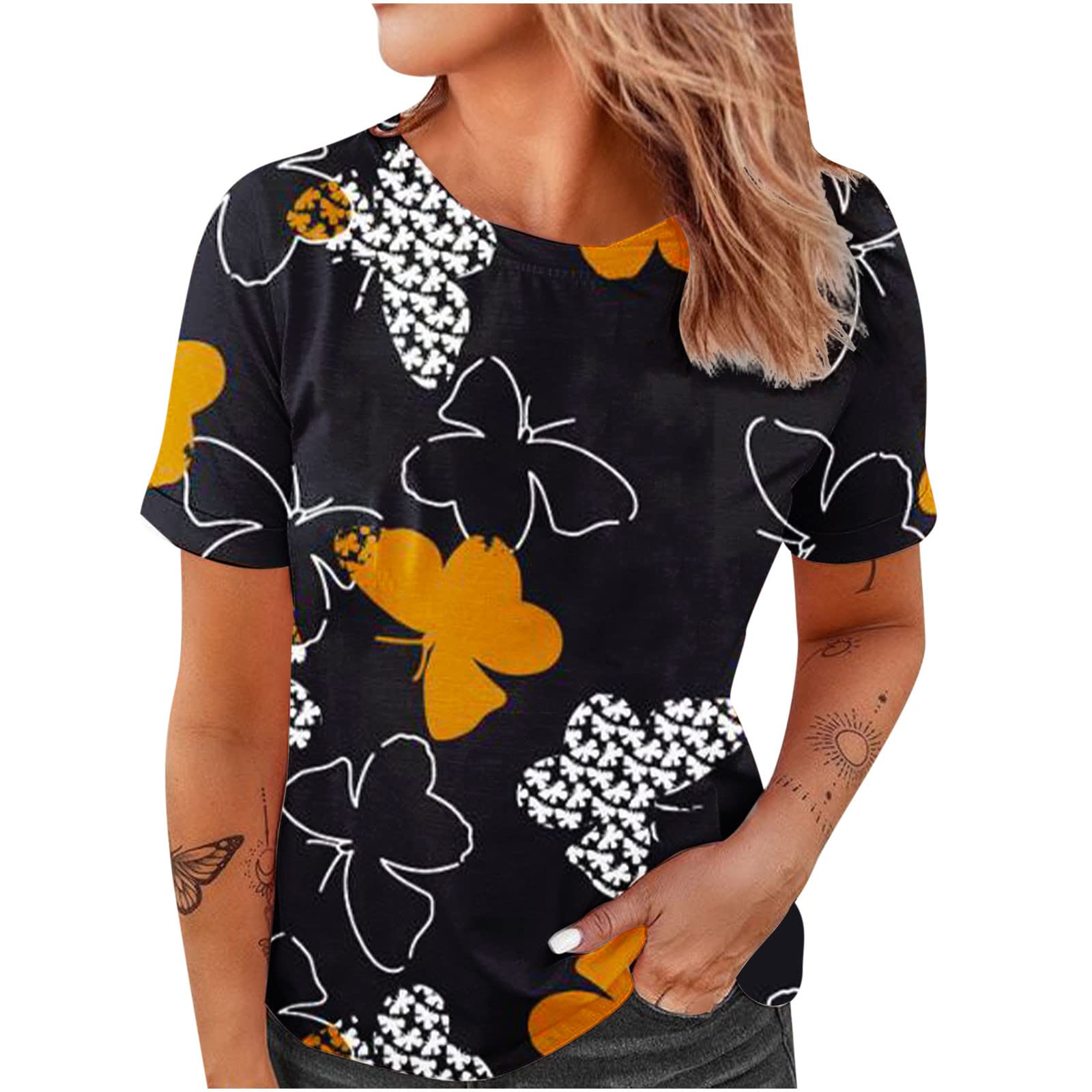 Women's Summer Floral Short Sleeve T-Shirt - Crew Neck Loose Fit Casual Blouse for Going Out | Perfect for Beach Vacations, Weekend Brunch & Summer Parties