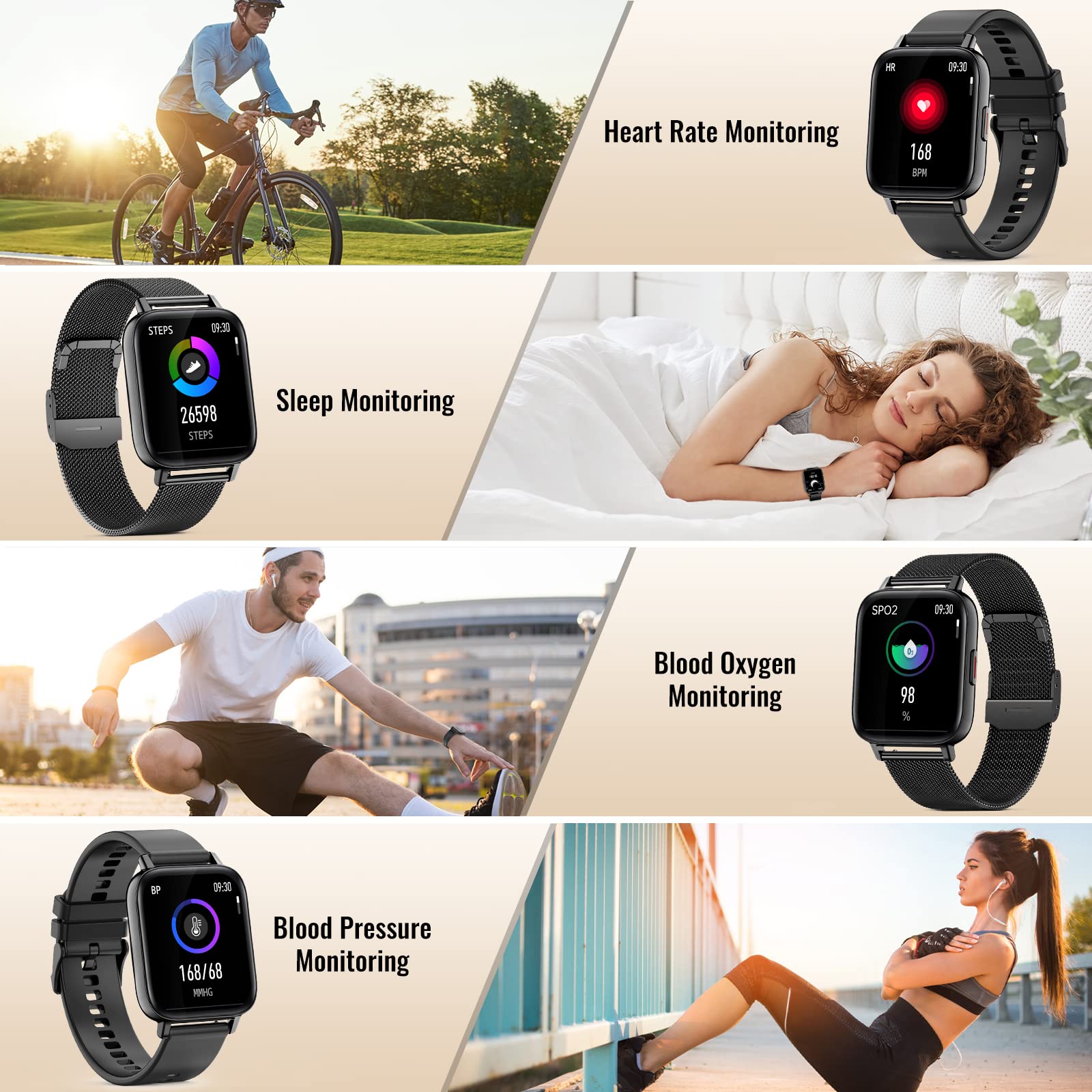 Smart Watches for Men & Women - Bluetooth Fitness Tracker with Heart Rate, Blood Pressure & Sleep Monitor - Waterproof Activity Watch for Android & iOS - Receive Calls & Texts - Perfect for Running, Swimming & Daily Use