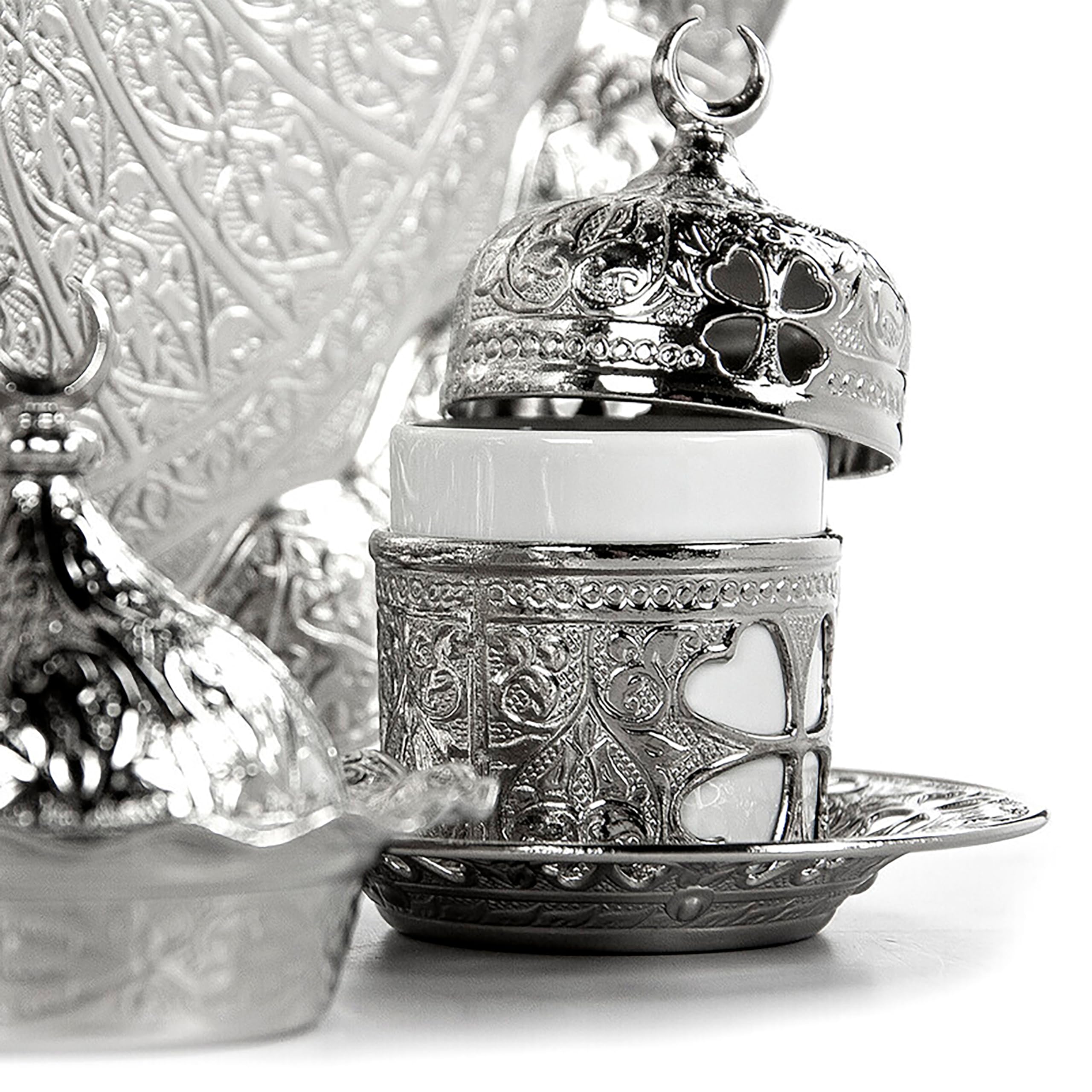 LaModaHome 6-Piece Turkish Espresso Coffee Cup Set with Saucer, Lid, Holder & Tray - Ottoman Tulip Design Porcelain Mugs for Coffee Lovers - Perfect for Arabic, Greek & Turkish Coffee - Ideal Gift & Home Decor Accessory - Silver