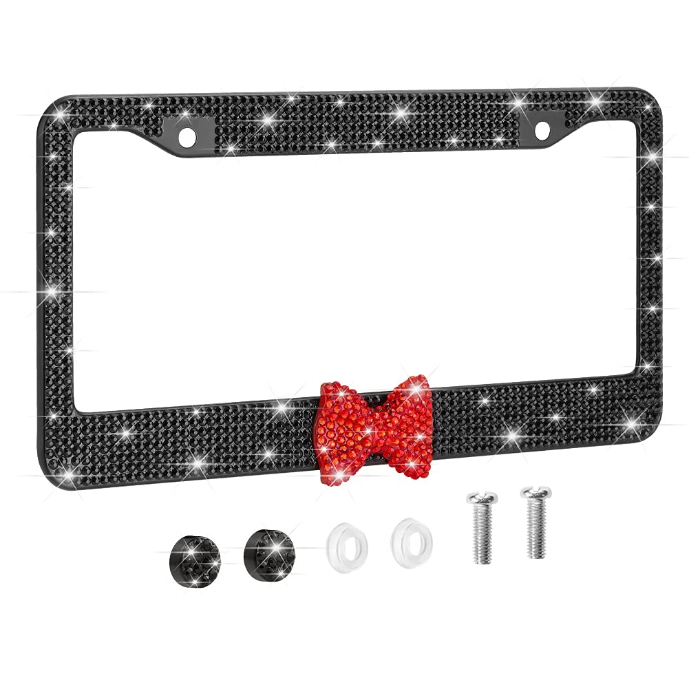 OTOSTAR 1 Pack Bling License Plate Frame with Ribbon Bow - Handcrafted Shiny Rhinestones Premium Stainless Steel 2 Hole License Plate Holder with Anti-Theft Screw Caps Set (Black/Red Bowtie) - Perfect for Car Decoration, Gift Giving & Customizing Your Vehicle