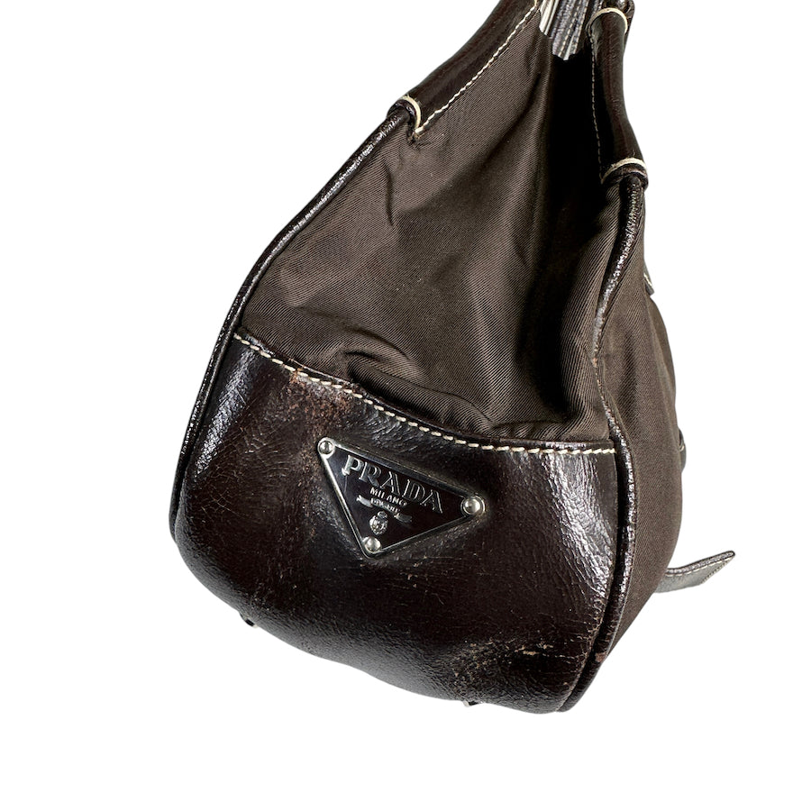 PRADA Brown Nylon & Leather Moon Shoulder Bag for Women | Luxury Designer Handbag for Everyday Use, Work & Travel | Water-Resistant & Stylish