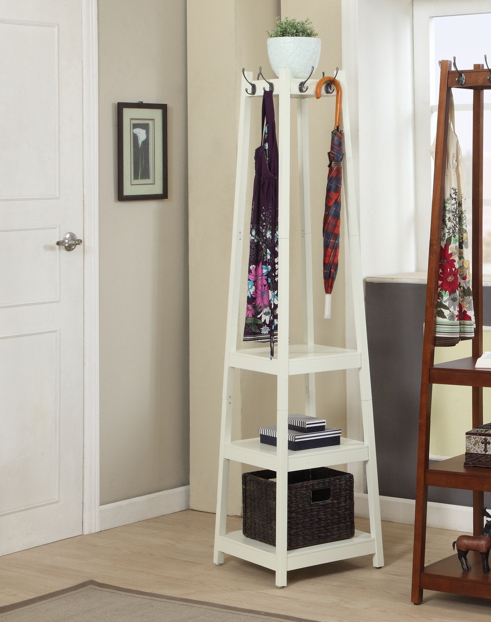 Roundhill Furniture Vassen Coat Rack with 3-Tier Storage Shelves - White Finish | Entryway Organizer for Hats, Bags & Shoes | Perfect for Hallway, Bedroom or Mudroom Storage