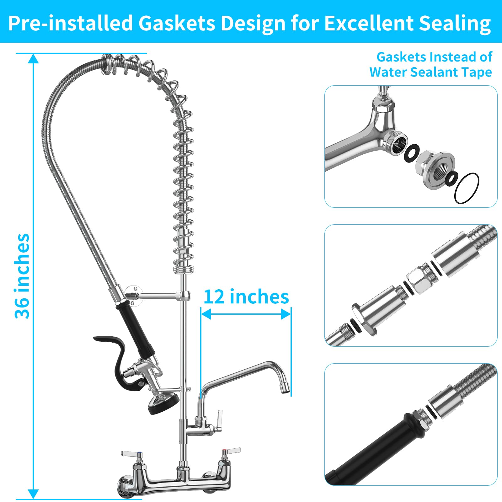 Commercial Brass Wall Mount Kitchen Sink Faucet with Pull Down Sprayer - 36