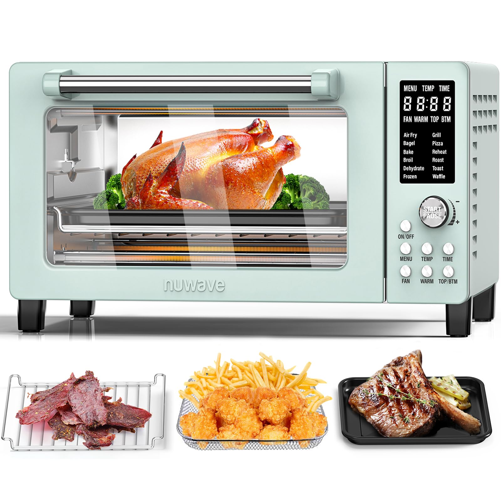 Nuwave Bravo Pro Smart 21QT Air Fryer Toaster Oven Combo - 10-in-1 Countertop Convection Oven with Even & Quick Crisp Technology, 1800W, 50-450°F, Mint Green - Perfect for Baking, Roasting, Air Frying, and Family Meals