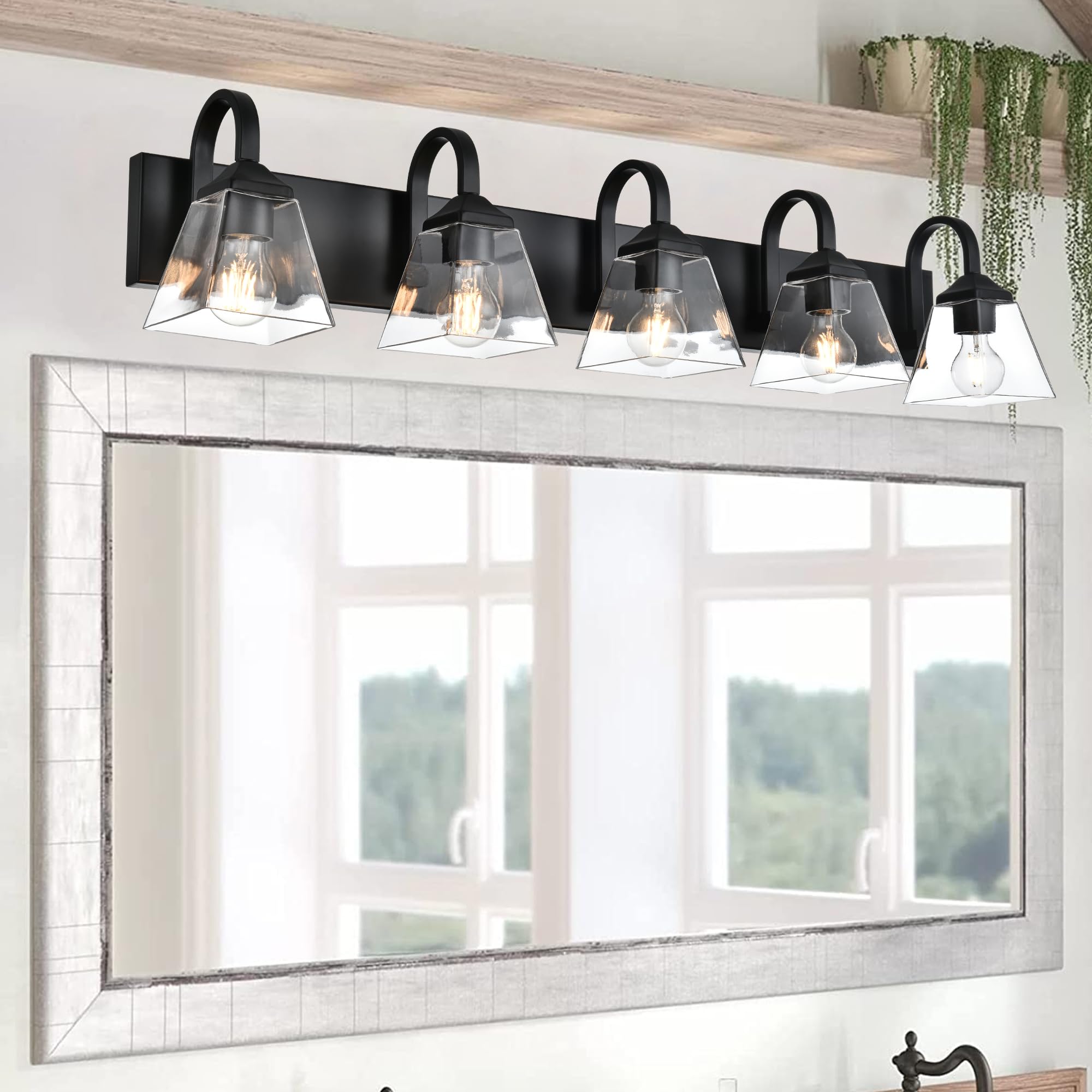 Modern Black Bathroom Light Fixture - 5-Light Vanity Mirror Lighting with Clear Glass Shade & Metal Base - Farmhouse Wall Sconce for Hallway, Living Room, Dressing Table - Perfect for Bathroom Makeup Vanity, Bedroom Decor & Entryway Lighting