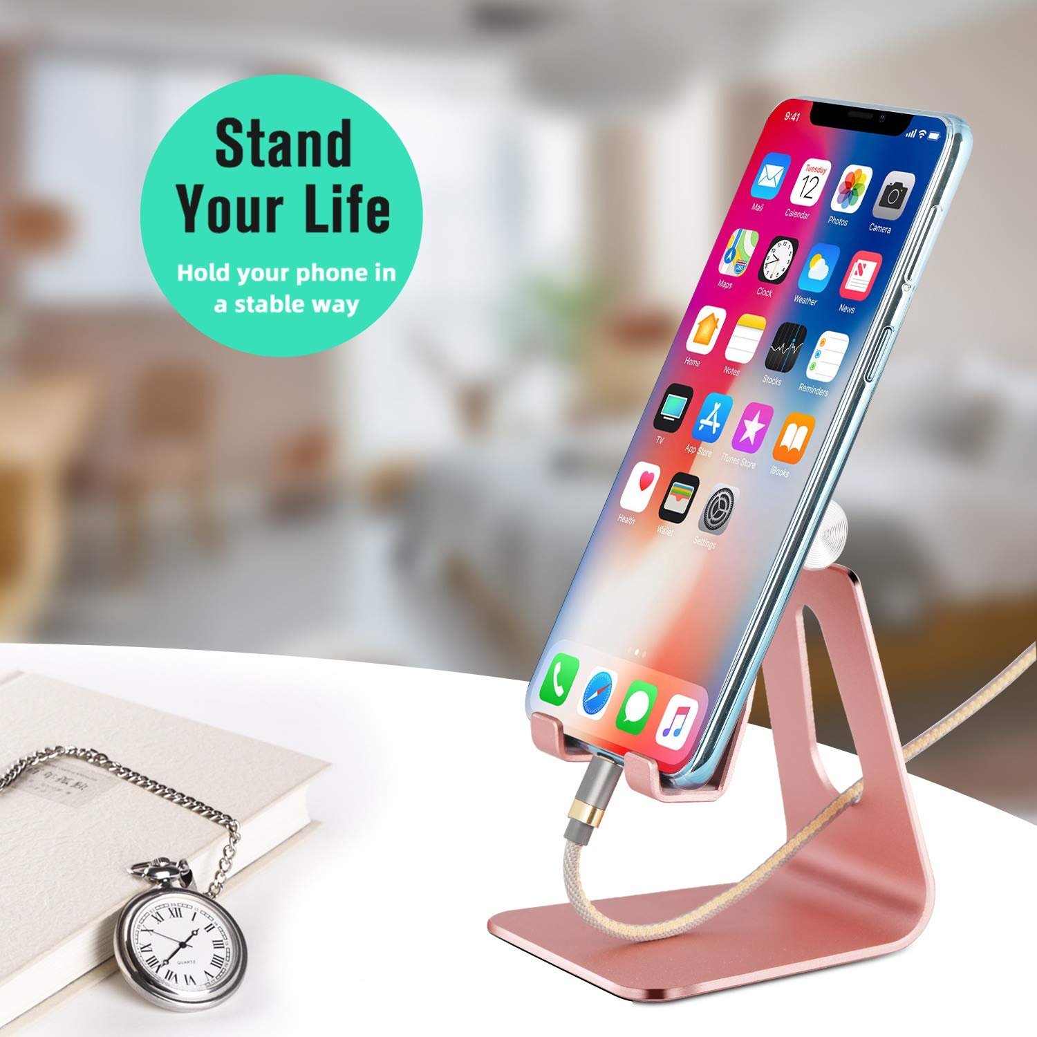 Adjustable Aluminum Phone Stand & Tablet Holder Dock - Compatible with iPhone 12, iPad, Samsung Galaxy, Google Pixel (All Smartphones & Tablets Under 10 Inches) - Rose Gold & Royal Purple - Perfect for Home Office, Desk, Bedside & Travel Use
