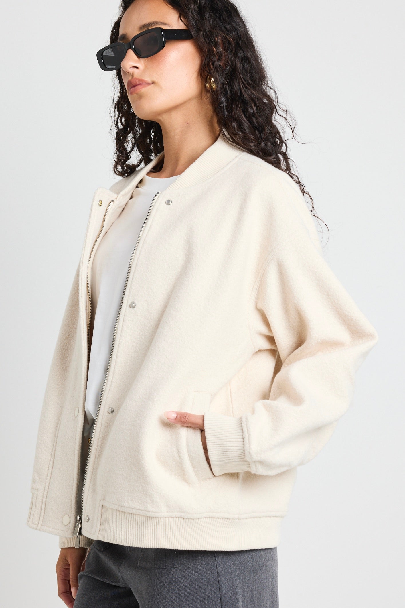 Stylish Brisk Bone Boucle Bomber Jacket for Women - Trendy Oversized Coat with Pockets | Perfect for Fall, Winter & Casual Outfits