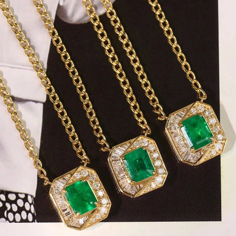 18K Yellow Gold Pendant Necklace with Real Diamond & Genuine Emerald - Elegant Women's Jewelry Gift for Anniversary, Birthday & Special Occasions