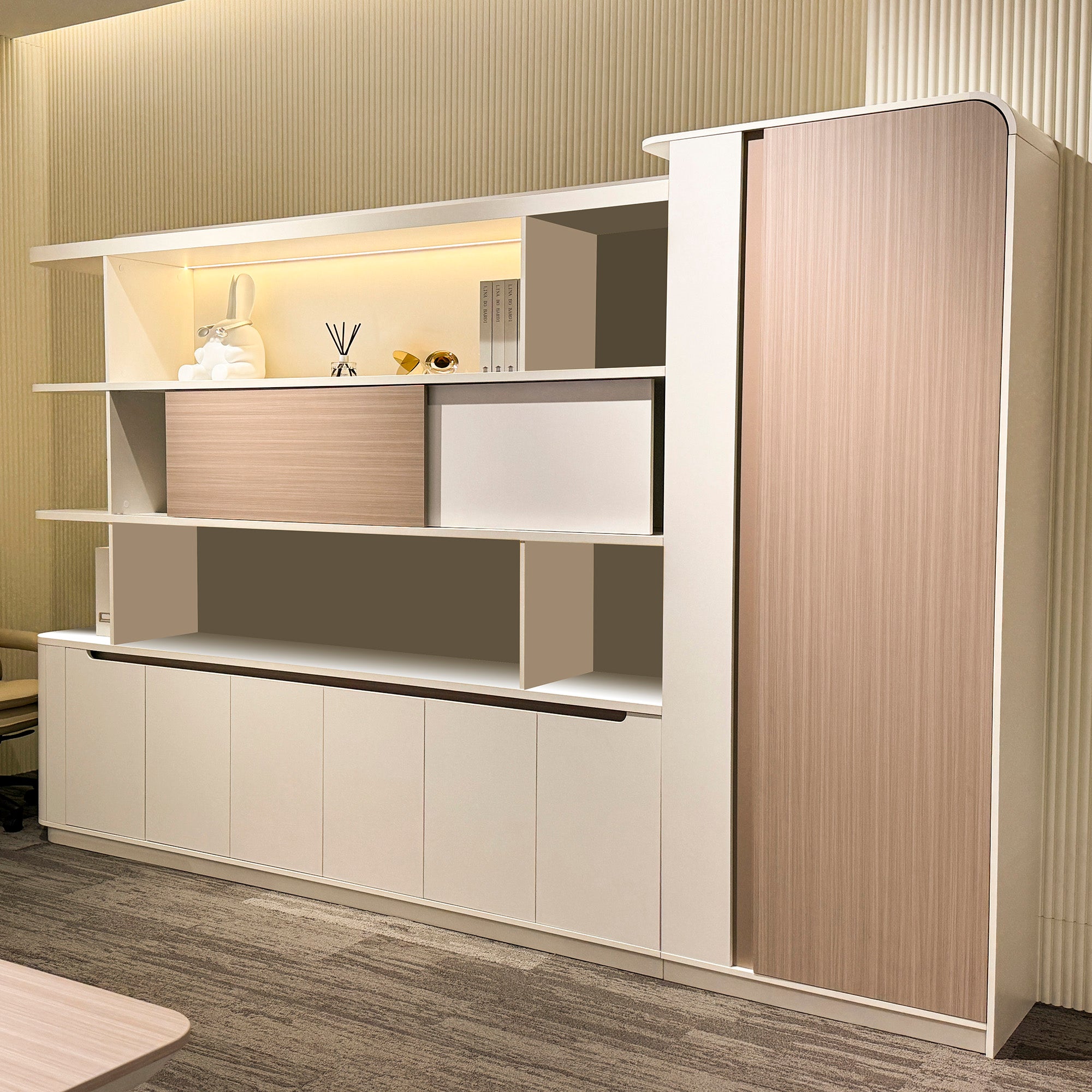 LUSH Display Unit 261.5cm White & Taupe - Modern Retail Shelving for Boutique, Clothing Store & Home Organization