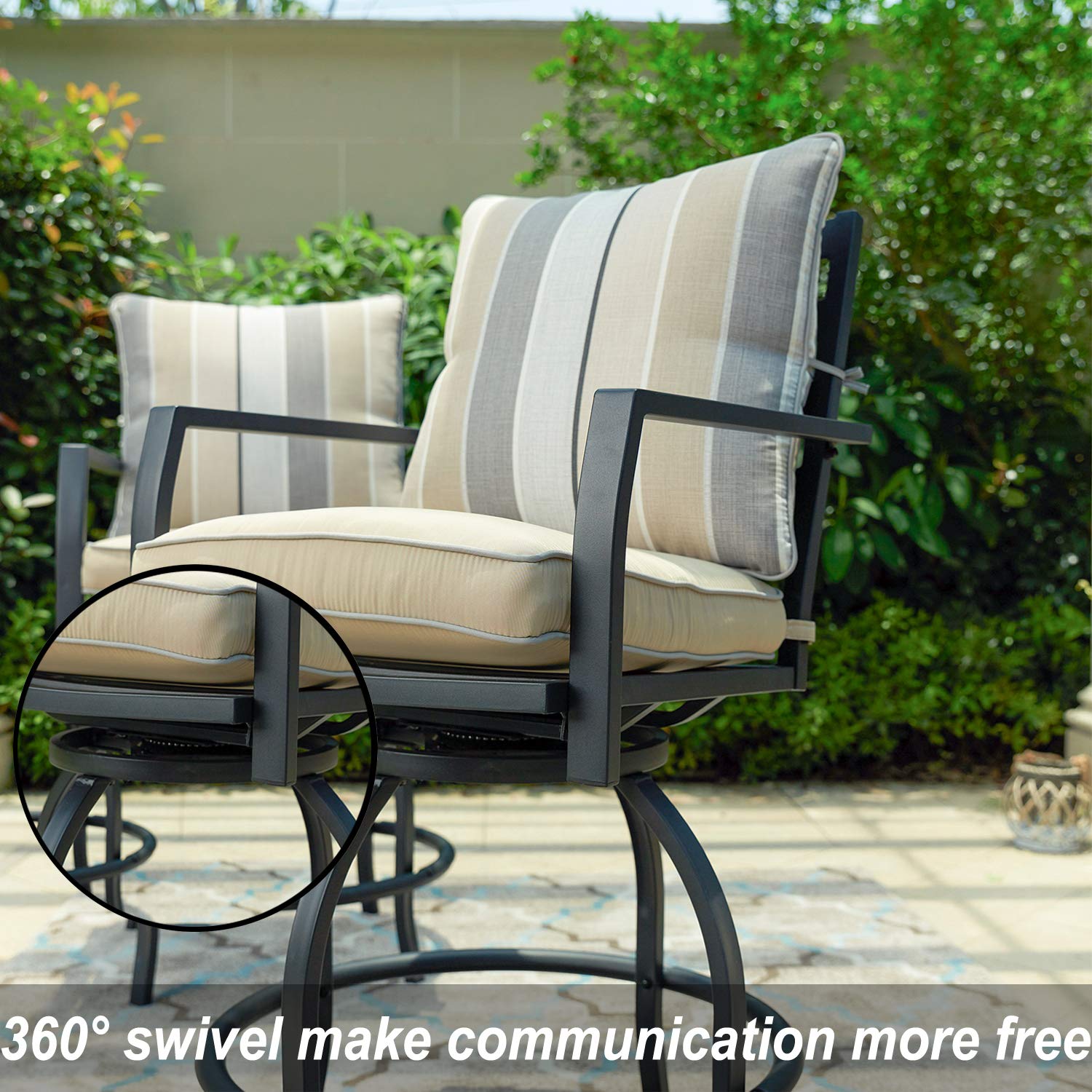 **3-Piece Outdoor Bistro Set - Swivel Bar Stools with Yard Armrests & Glass Top Table - All-Weather Steel Frame Patio Furniture for Backyard, Garden, or Poolside Dining**