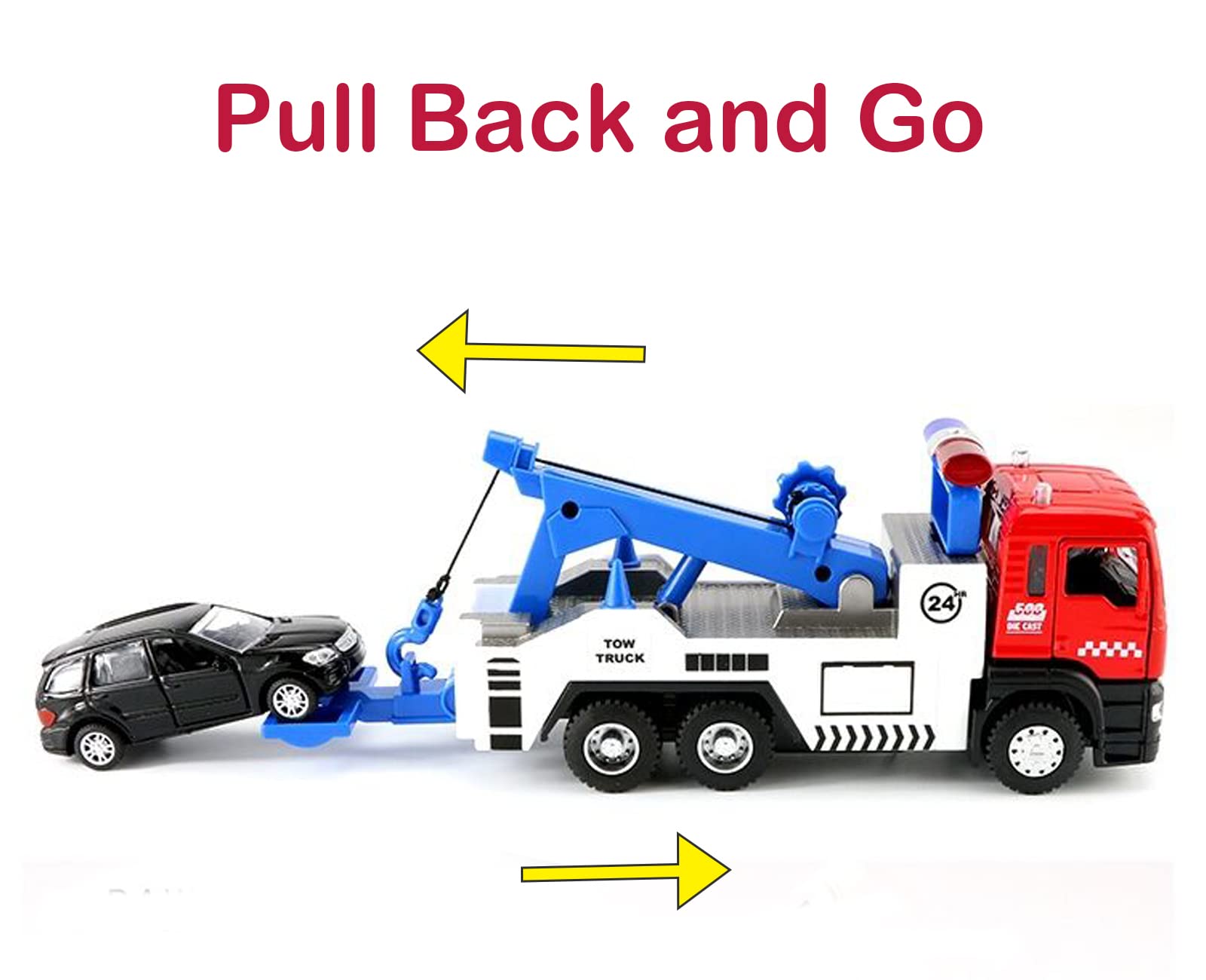 Metal Diecast Toy Tow Truck with Pull Back Action, Lights & Sounds - Miniature Car for Boys (Includes 5 Traffic Signs) - Perfect for Pretend Play, Collecting & Kids' Car Games