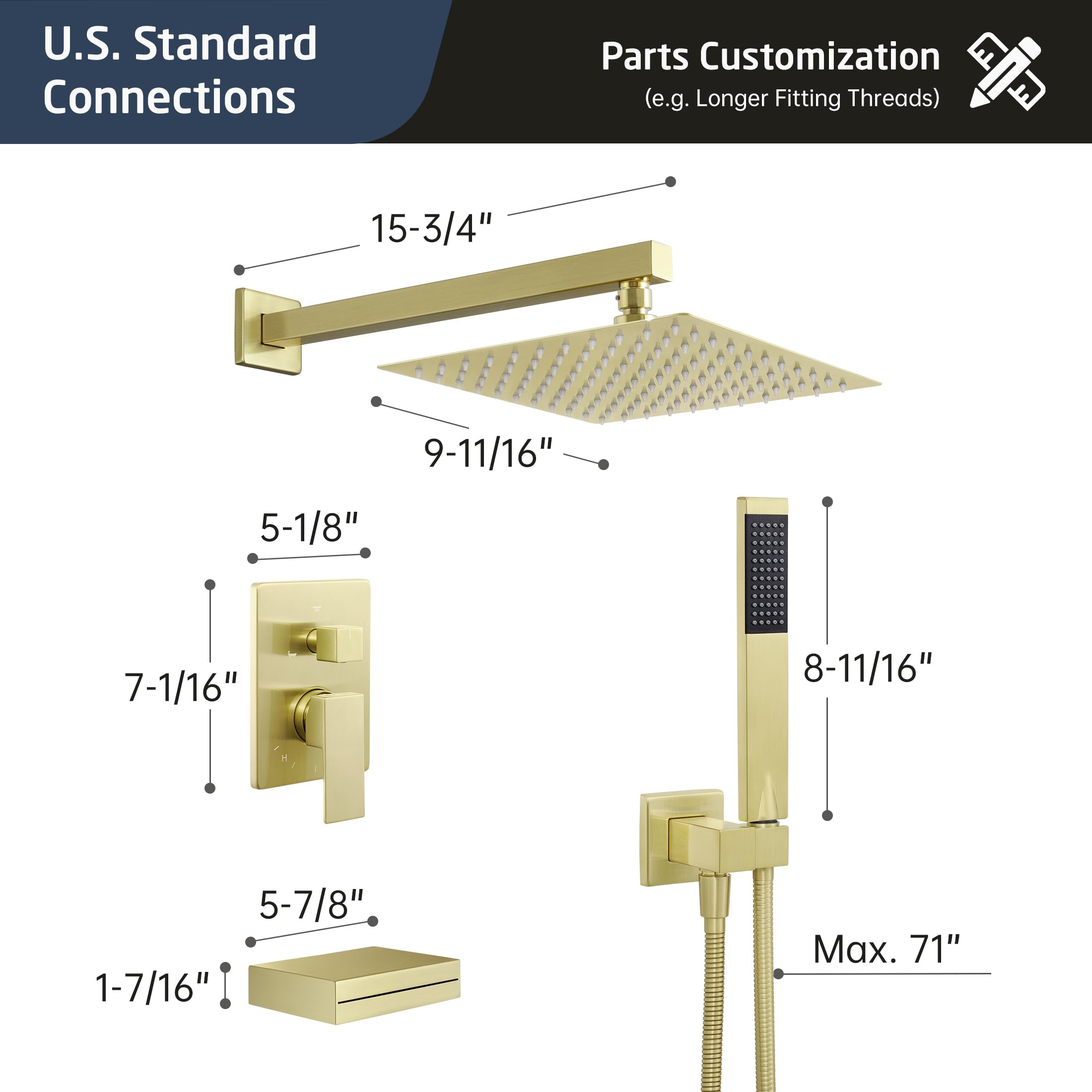 Premium Brushed Gold Bath Shower Faucet Set - Pressure Balanced Tub & Rain Shower Combo with Handheld System (Model XB6305F18-BZ) for Luxurious Spa-Like Bathroom Experience