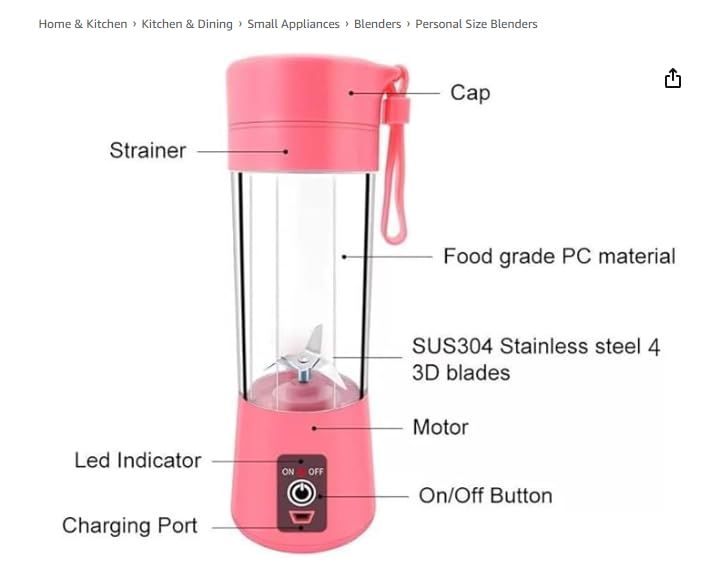 Portable Pink Modern Battery Powered Personal Blender with Push Button Control, 1 Blender Jar - Perfect for Smoothies, Protein Shakes & Juices at Home, Gym or Travel - Not Dishwasher Safe