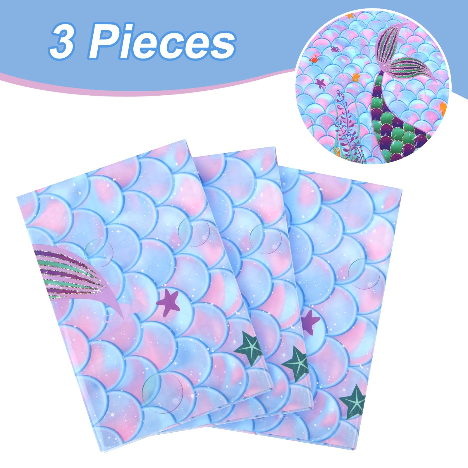 3 Pack Mermaid Baby Shower Tablecloths - 70 Inch Round Plastic Table Covers for Baby Shower Party Decorations, Gender Reveal & Birthday Celebrations - Waterproof & Disposable for Easy Cleanup