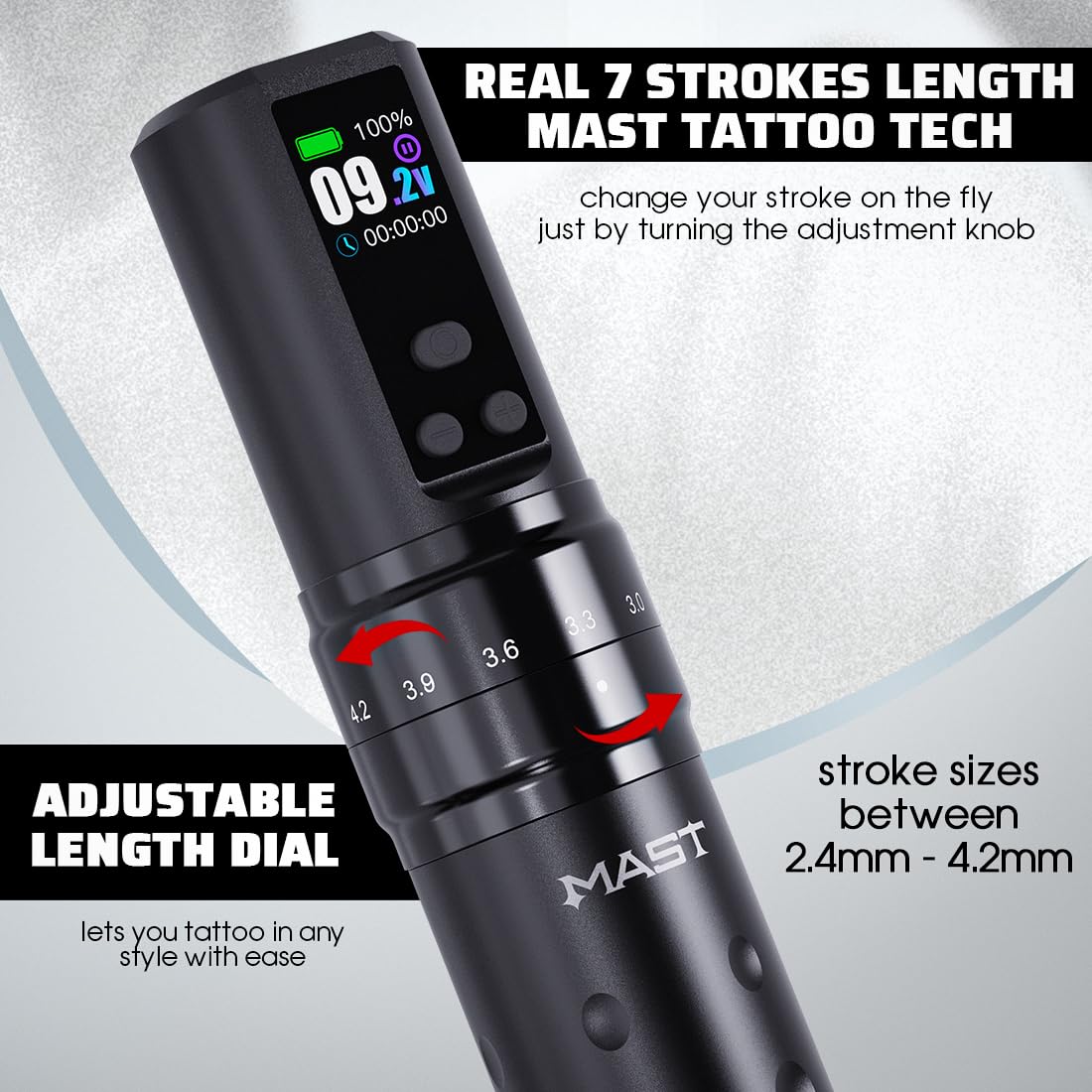 MCORE Mast Tattoo Fold2 Pro Wireless Tattoo Pen Machine - Professional Rotary Tattoo Gun with Smart LCD Display, 7 Adjustable Stroke Lengths & Powerful Motor for Tattoo Artists (Black) - Perfect for Studio Work, Home Tattooing & Professional Body Art Sessions