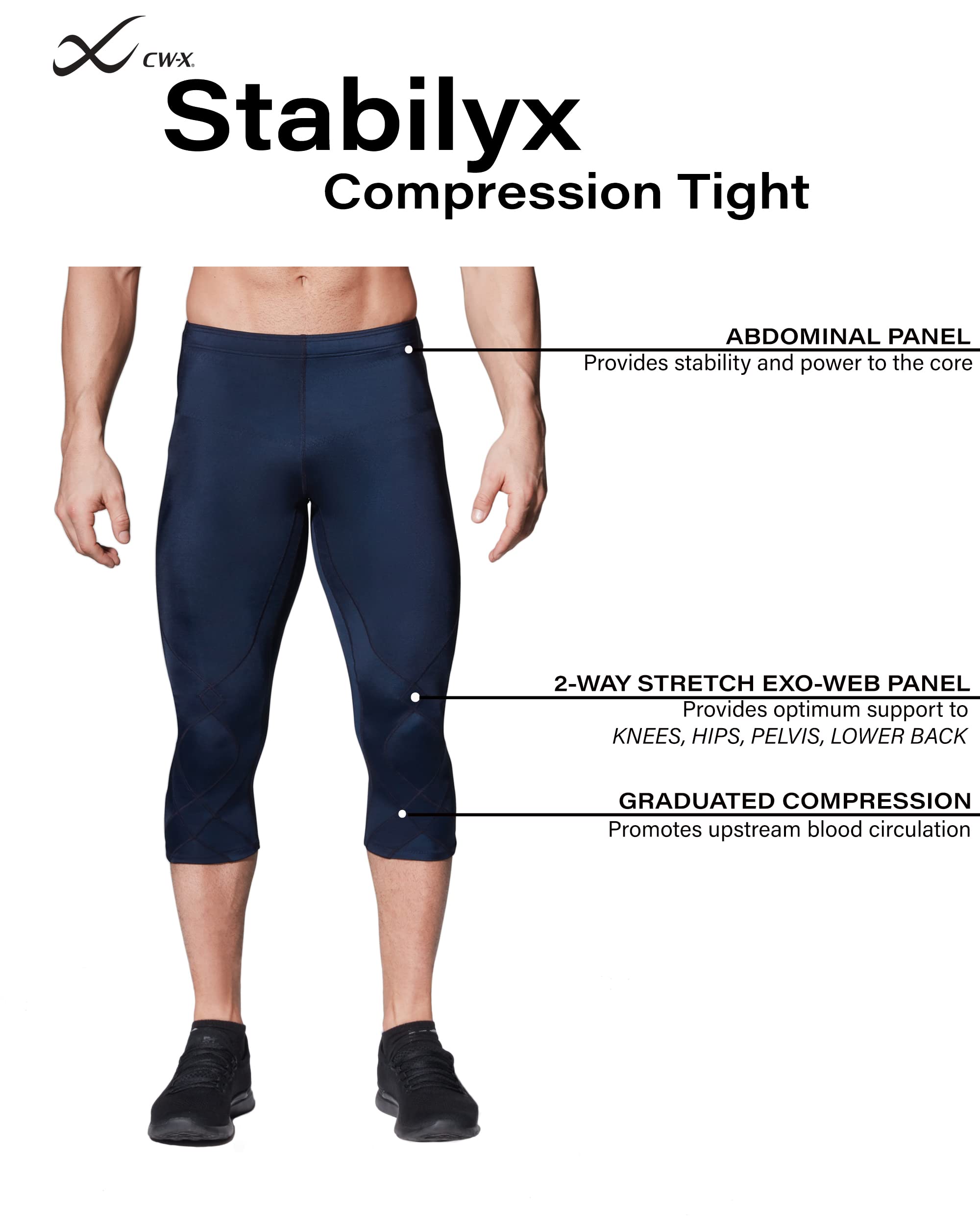 CW-X Men's Stabilyx 3/4 Compression Tights - Joint Support Running & Recovery Capri Pants for Athletes, Gym Workouts & Post-Training Muscle Recovery