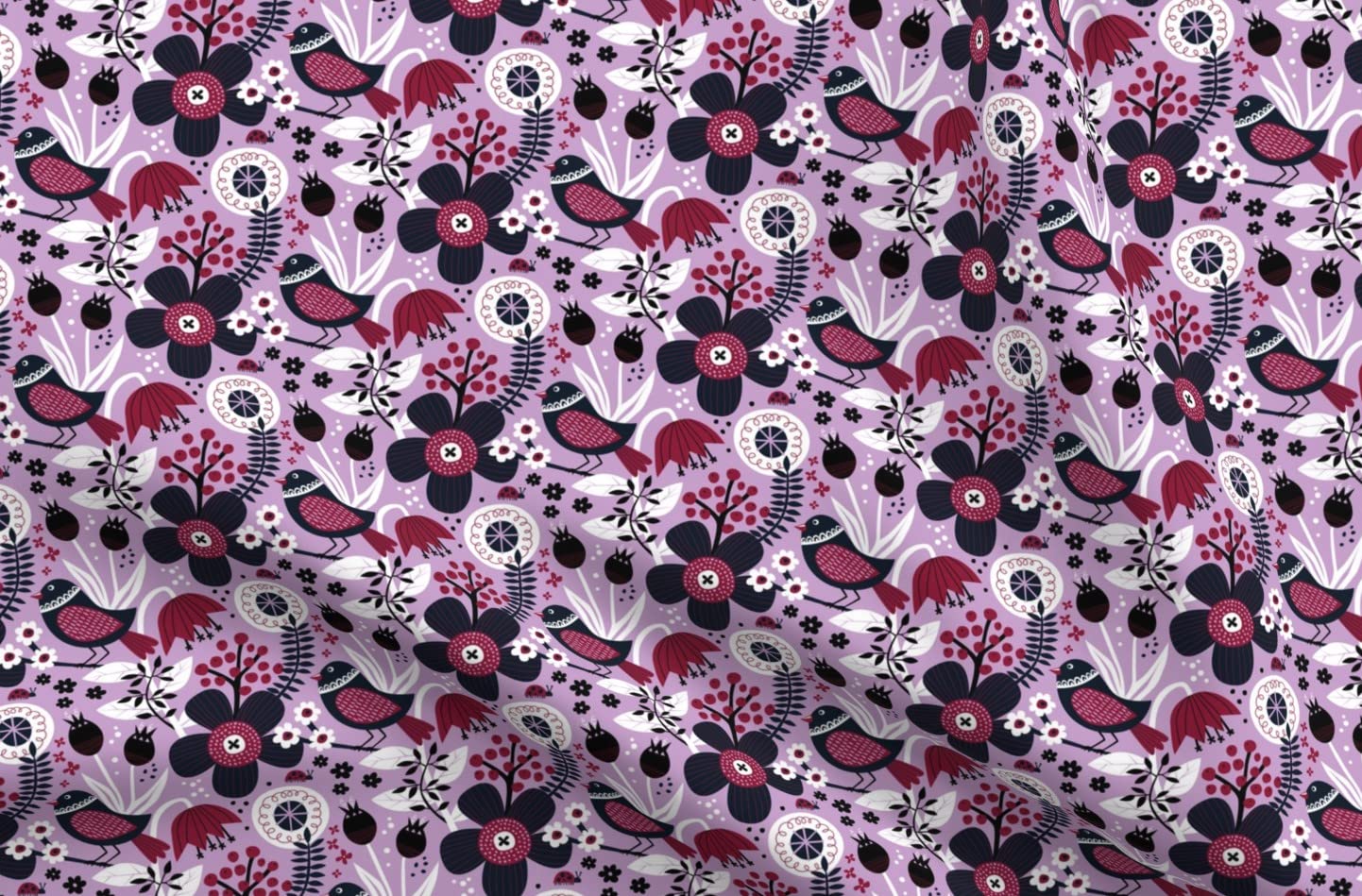 Berry Garden Floral Print Velvet Fabric - Navy Blue Spring Flowers Berries Bird Design for Upholstery, Home Decor & Apparel | Perfect for DIY Projects, Curtains, Pillows & Clothing