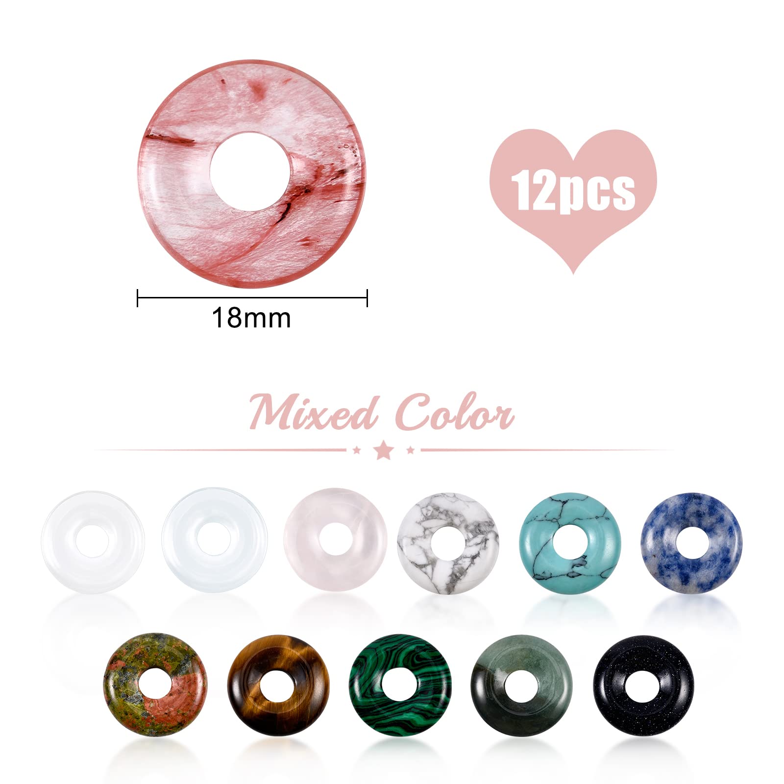 BENECREAT 12 Colors Natural Stone Donut Pendants - 18x4.5mm Flat Round Gemstone Beads with 5.5mm Hole for DIY Jewelry Making, Necklaces, Bracelets & Craft Projects - Perfect for Boho, Hippie & Handmade Jewelry Designs