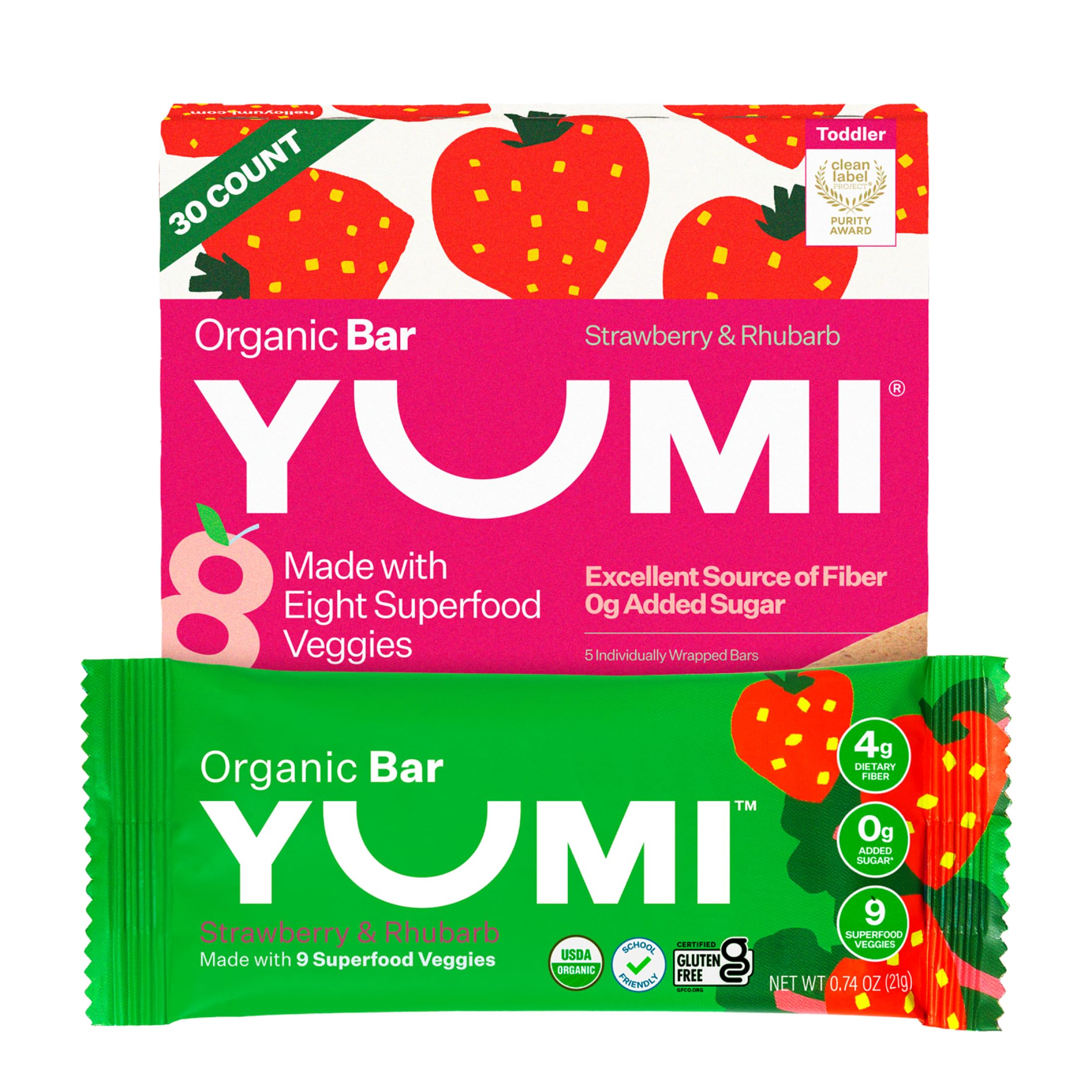 Yumi Organic Toddler Snacks Bars - Gluten-Free, No Added Sugar, 7+ Vegetables, Soft-Baked, Healthy Kids Snack for School, Lunch Boxes & On-The-Go (Strawberry Rhubarb, 30 Count) - Perfect for Preschool Snack Time, Road Trips & After-School Treats
