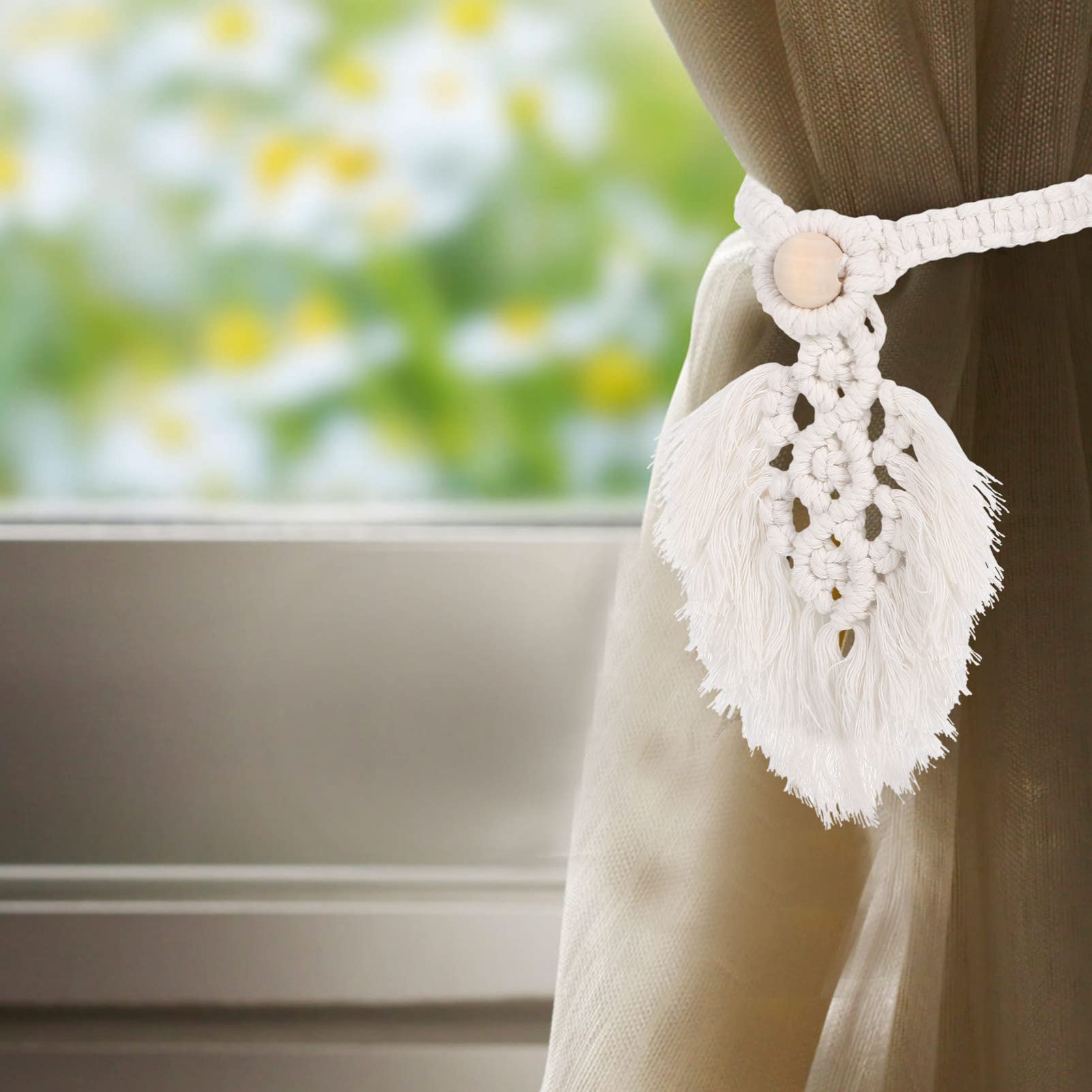 4pcs Bohemian Cotton Curtain Tiebacks for Outdoor & Indoor Use - Macrame Drapery Holdbacks, Window Shade Fasteners - Perfect for Living Room, Bedroom, Patio Decor