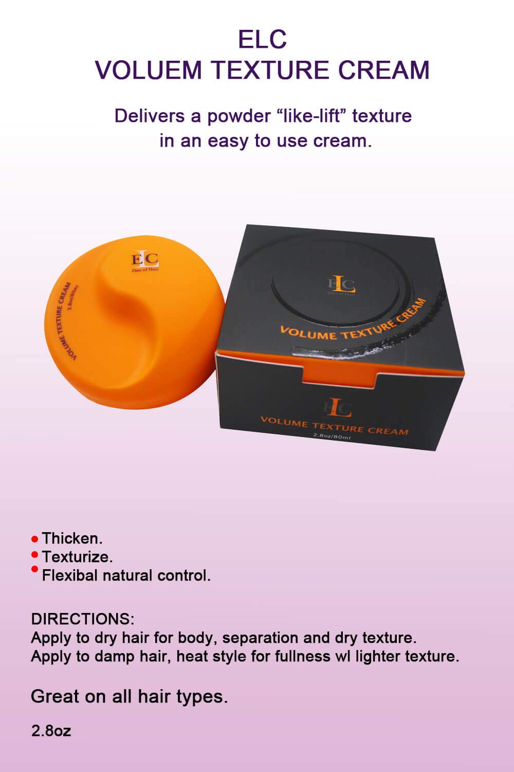 ELC Dao of Hair Volume Texture Cream 2.8 oz / 80ml - Thickening & Texturizing Styling Cream for Natural Hair Control - Perfect for Adding Volume & Flexible Hold to Fine or Thin Hair