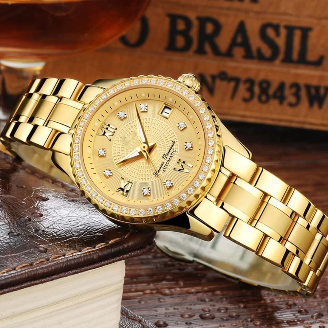 Automatic Self-Wind Couple Watches Set - Stainless Steel Luxury His & Hers Matching Watches with Calendar Date Display | Perfect Anniversary, Wedding, and Valentine's Day Gifts for Couples