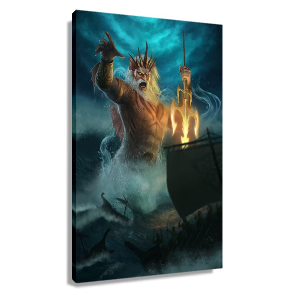 Greek Mythology Decor - Poseidon Wall Art Canvas Print (24x36 inch Framed) | Ocean God Painting for Living Room, Bedroom & Bathroom | Perfect Gift for Mythology Lovers & Home Decor Enthusiasts