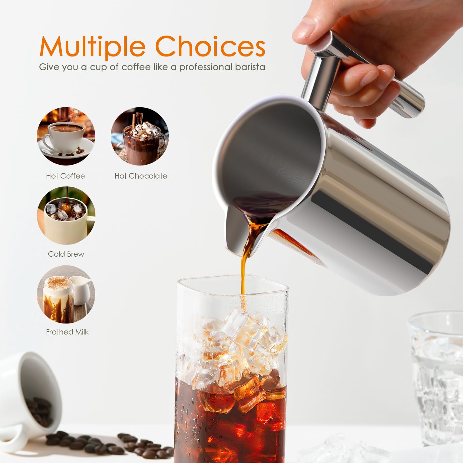 Enfmay 1L French Press Coffee Maker with 4-Layer Stainless Steel Filter & Spoon - Insulated Stainless Steel Cafetiere for Home, Travel & Camping - Perfect for Brewing Rich Coffee, Tea & Cold Brew (Silver)