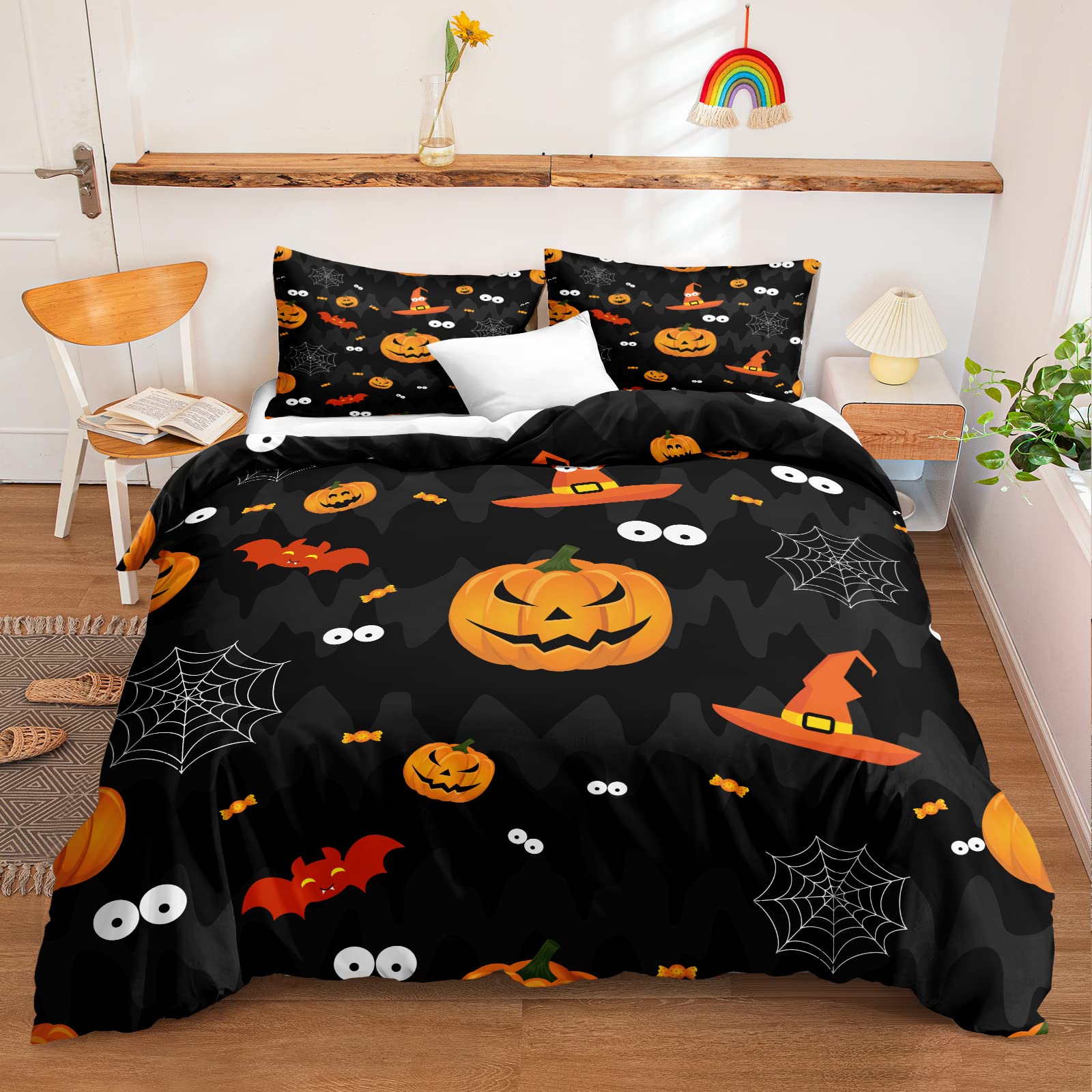 Spooky Halloween Bedding Set - Cartoon Pumpkin Duvet Cover with Bat, Spider Web & Witch Hat Design | Full Size Kids Bedroom Decor for Boys | Perfect for Halloween Parties & Themed Room Decor