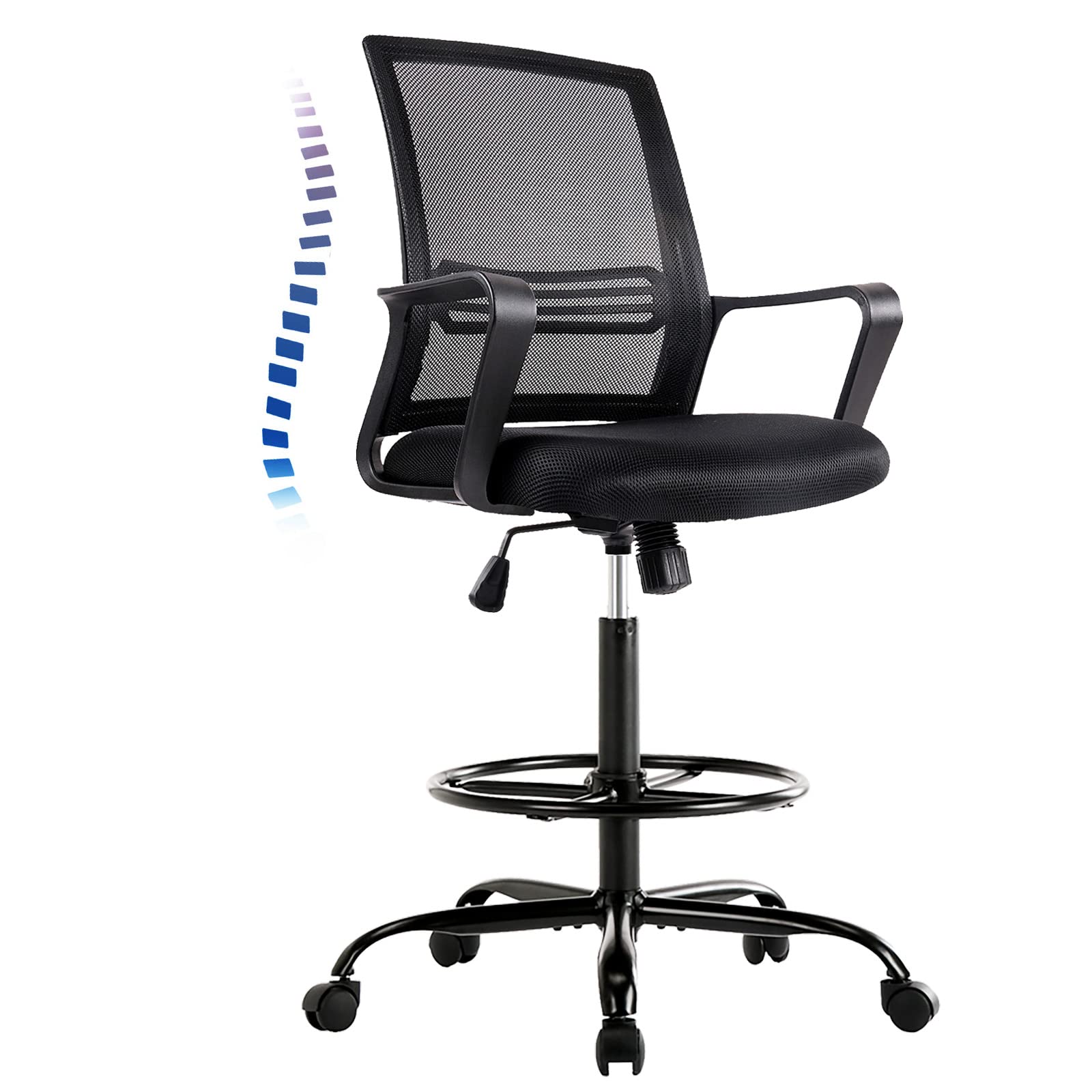 Adjustable Height Drafting Chair - Ergonomic Mesh Office Chair with Armrests & Foot Ring for Standing Desks | Perfect for Home Office, Bar Counter & Computer Workstations