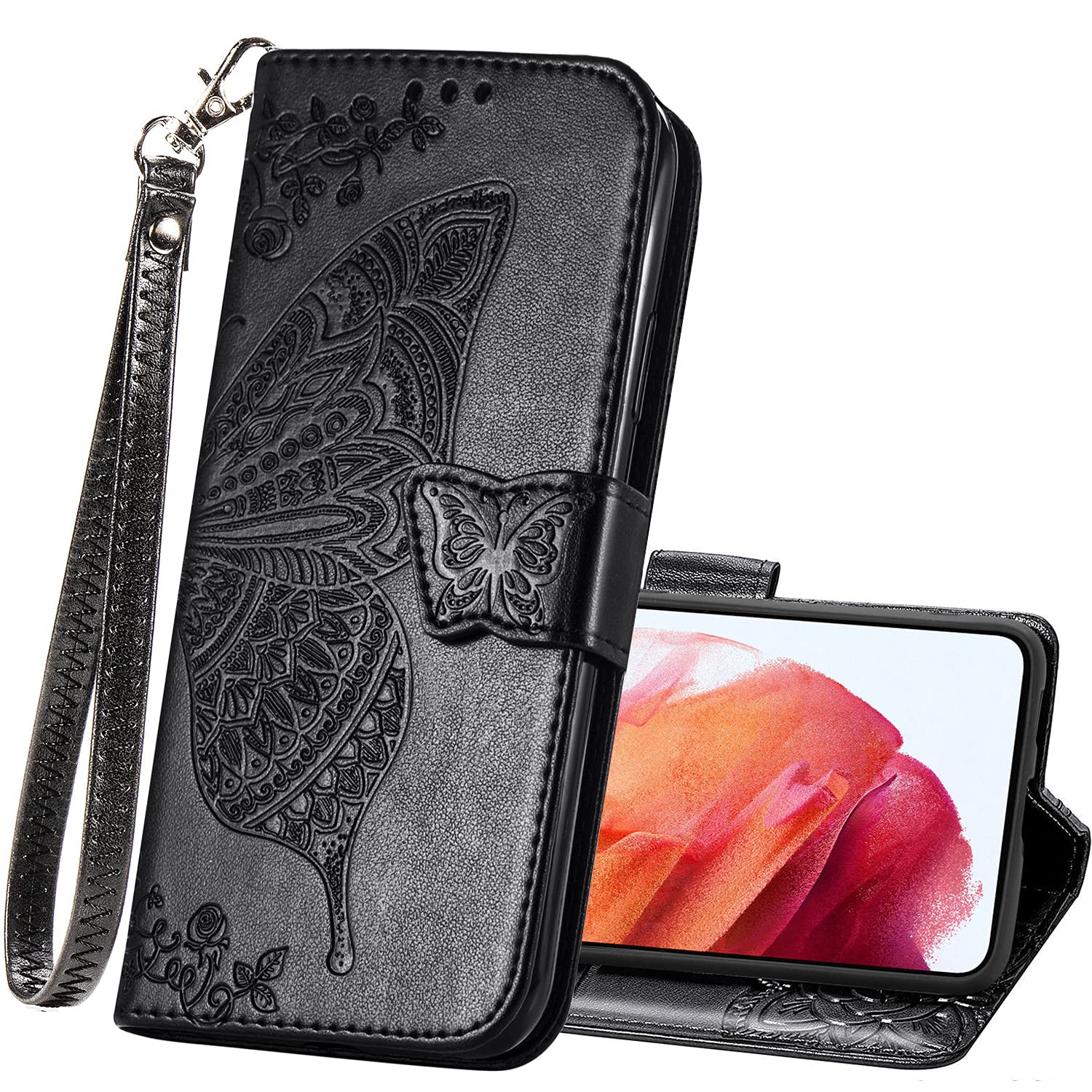 Premium PU Leather Wallet Case for Samsung Galaxy S22 - Flip Cover with Card Slots, Wrist Strap & Kickstand | Protective Phone Case with Butterfly Flower Embossed Design (Black) | Perfect for Daily Use, Travel & Hands-Free Convenience