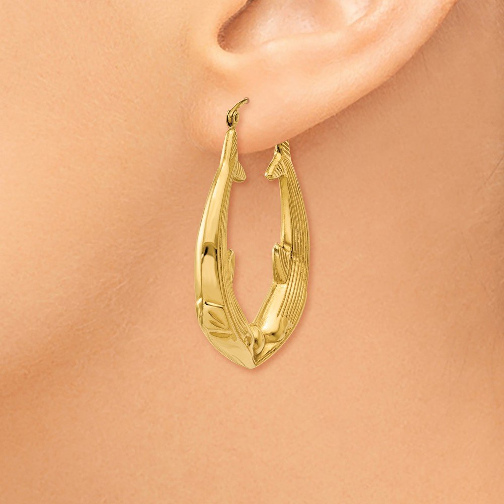 14K Yellow Gold Polished Dolphin Hoop Earrings for Women - 21mm x 6mm Dainty Marine Jewelry - Perfect for Beach Vacations, Summer Outfits & Gift Giving