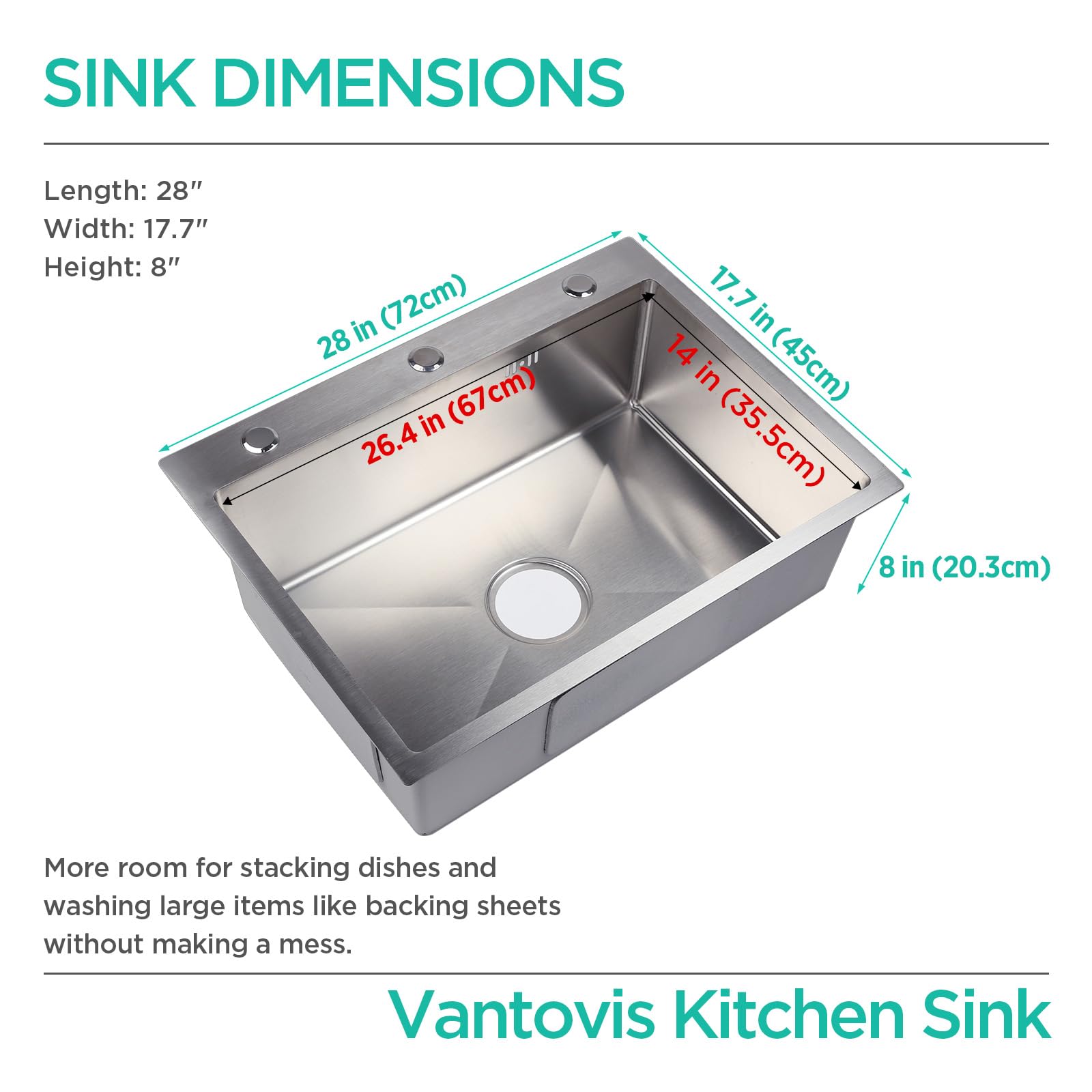 28x17.7 Inch Undermount Stainless Steel Kitchen Sink with Faucet - 304 Single Bowl Drop-in Sink with Integrated Ledge & Accessories (6 Pack) - Perfect for Modern Kitchens, Restaurants & Food Prep Stations