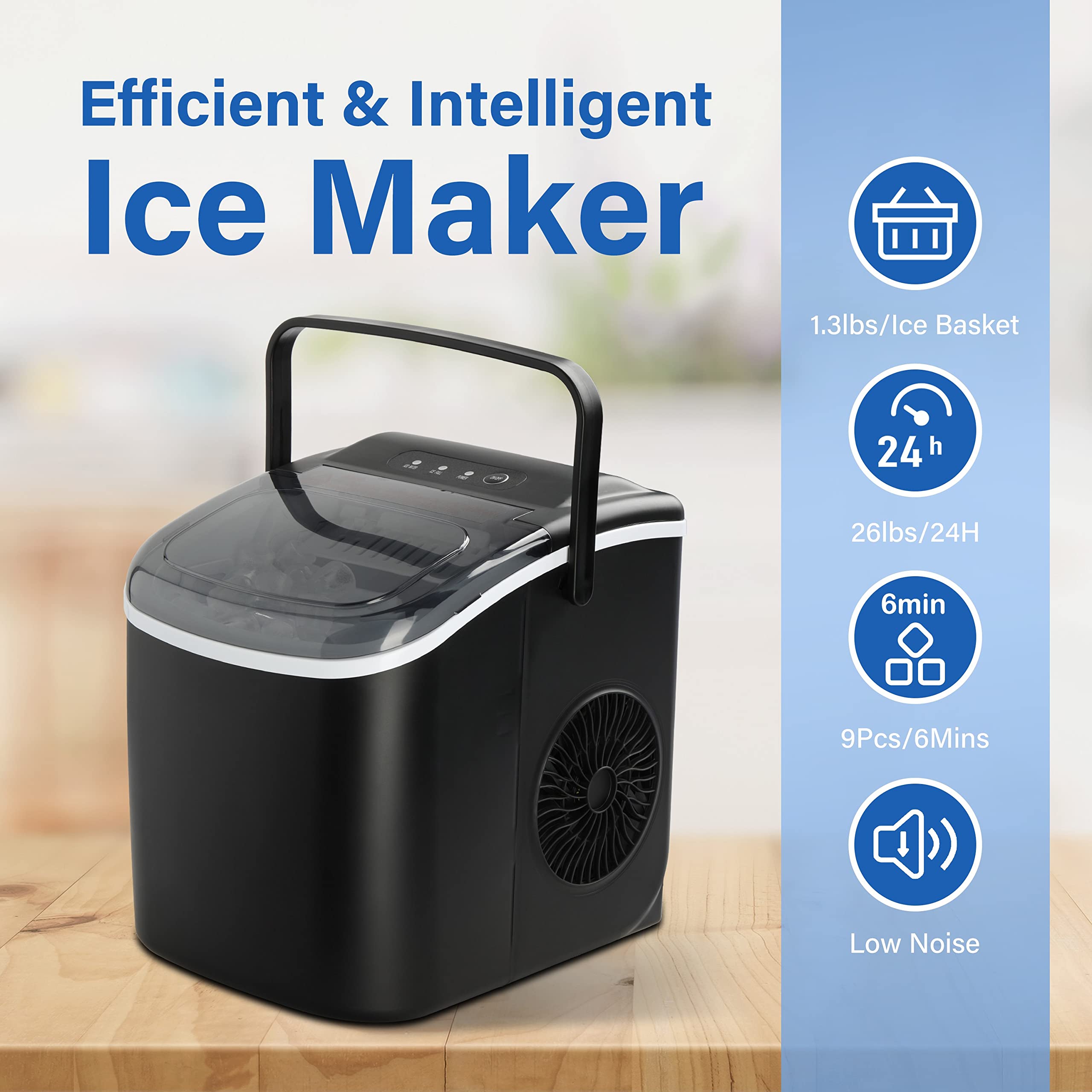 HealSmart Portable Countertop Ice Maker - 6 Mins Fast Ice Making, 9 Cubes per Batch, 26lbs Daily Output - Self-Cleaning with Ice Spoon & Basket - Perfect for Home Kitchen, Office, Camping & Parties (Black) | Compact Ice Machine for Drinks, Cocktails & Outdoor Adventures