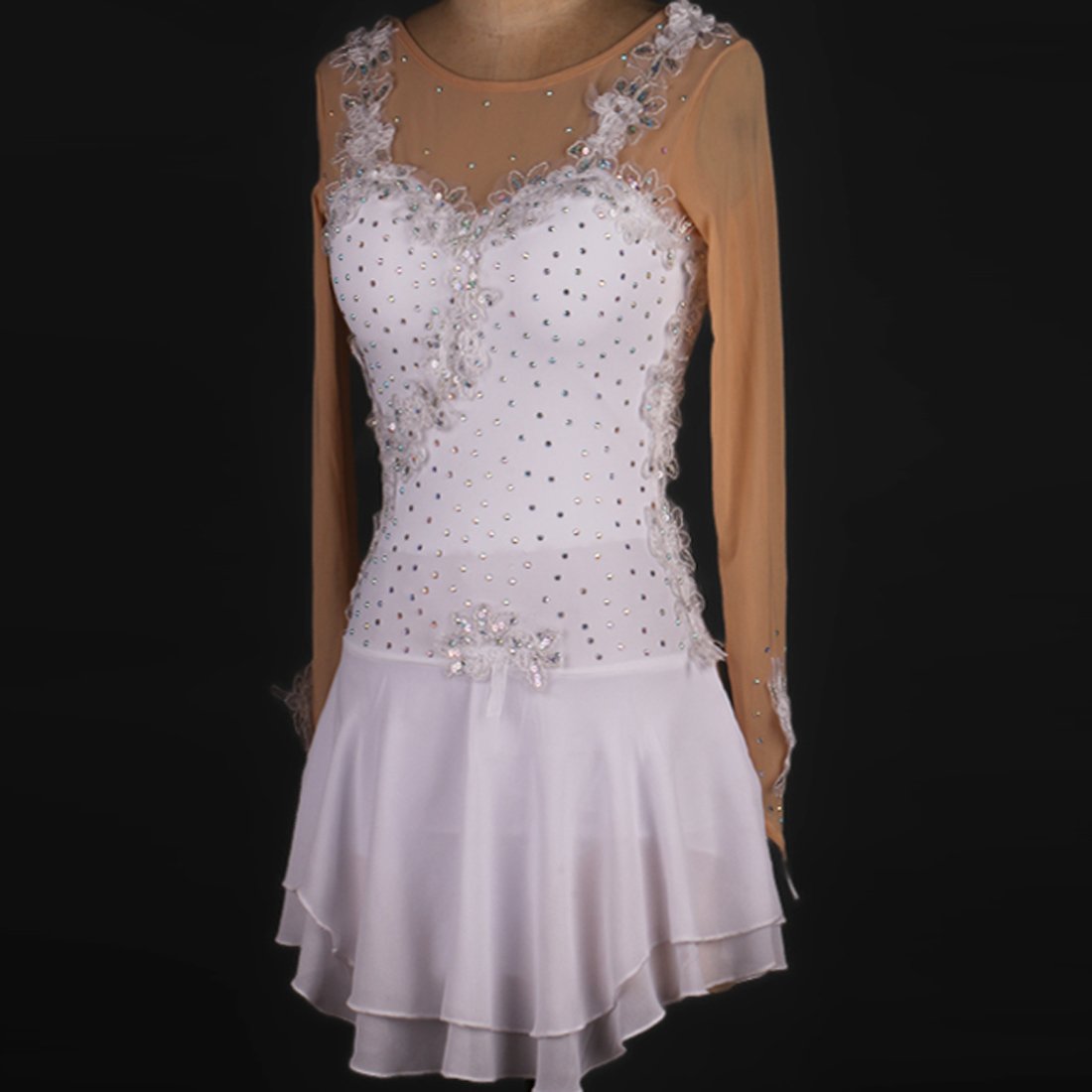 Elegant White Rhinestone Draped Figure Skating Dress for Women - Perfect for Ice Shows, Competitions & Performances