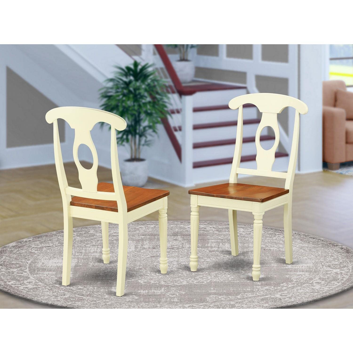 East West Furniture KEC-WHI-W Kenley Kitchen Dining Chairs Set of 2 - Napoleon Back Wood Seat Chairs in Buttermilk & Cherry - Perfect for Farmhouse Dining Room, Breakfast Nook & Kitchen Island Seating