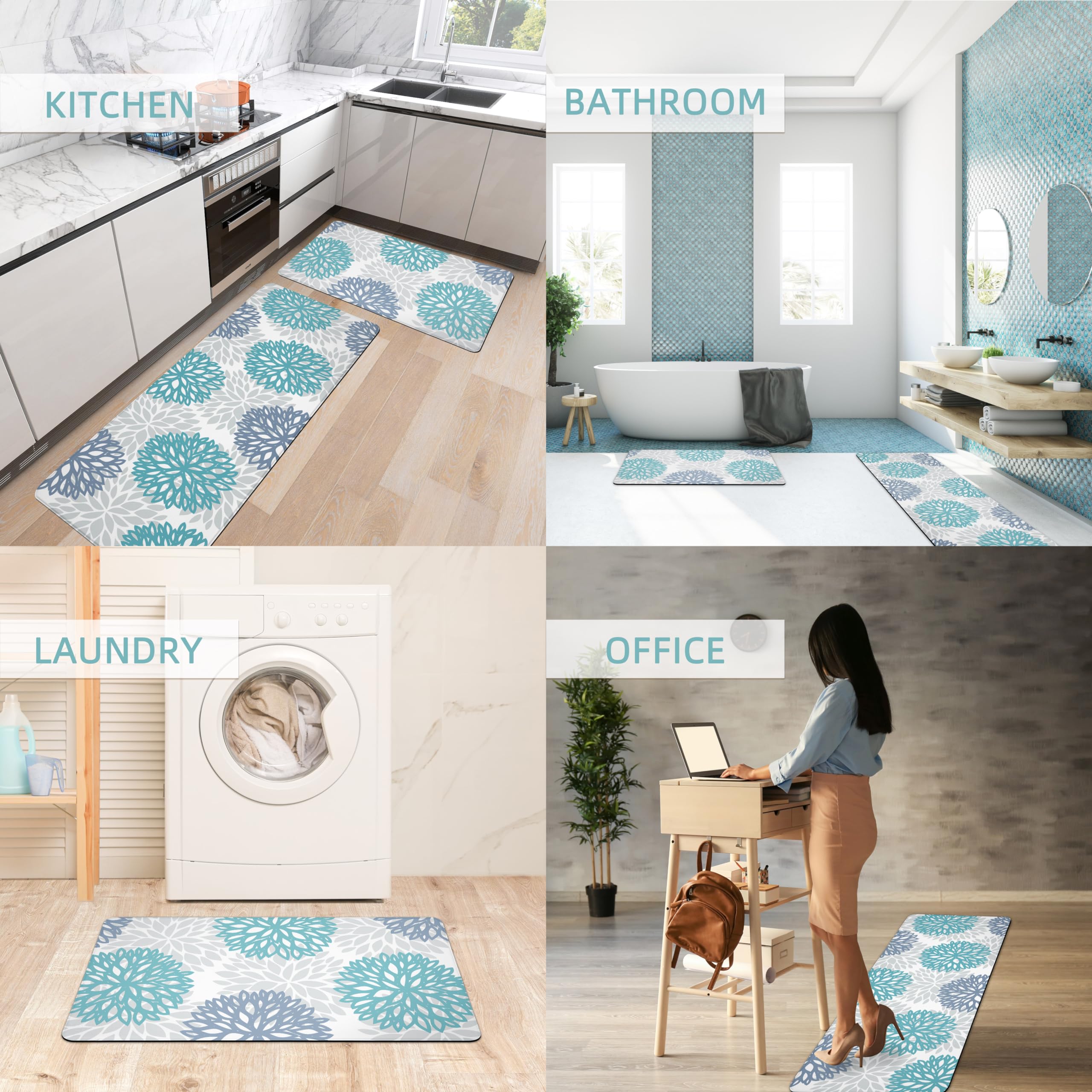 Premium Teal Kitchen Mats Set of 2 - Cushioned Anti-Fatigue Memory Foam Floor Mats, Non-Slip Waterproof Kitchen Rugs for Comfortable Standing - Perfect for Sink Area, Office, Laundry Room & High-Traffic Areas