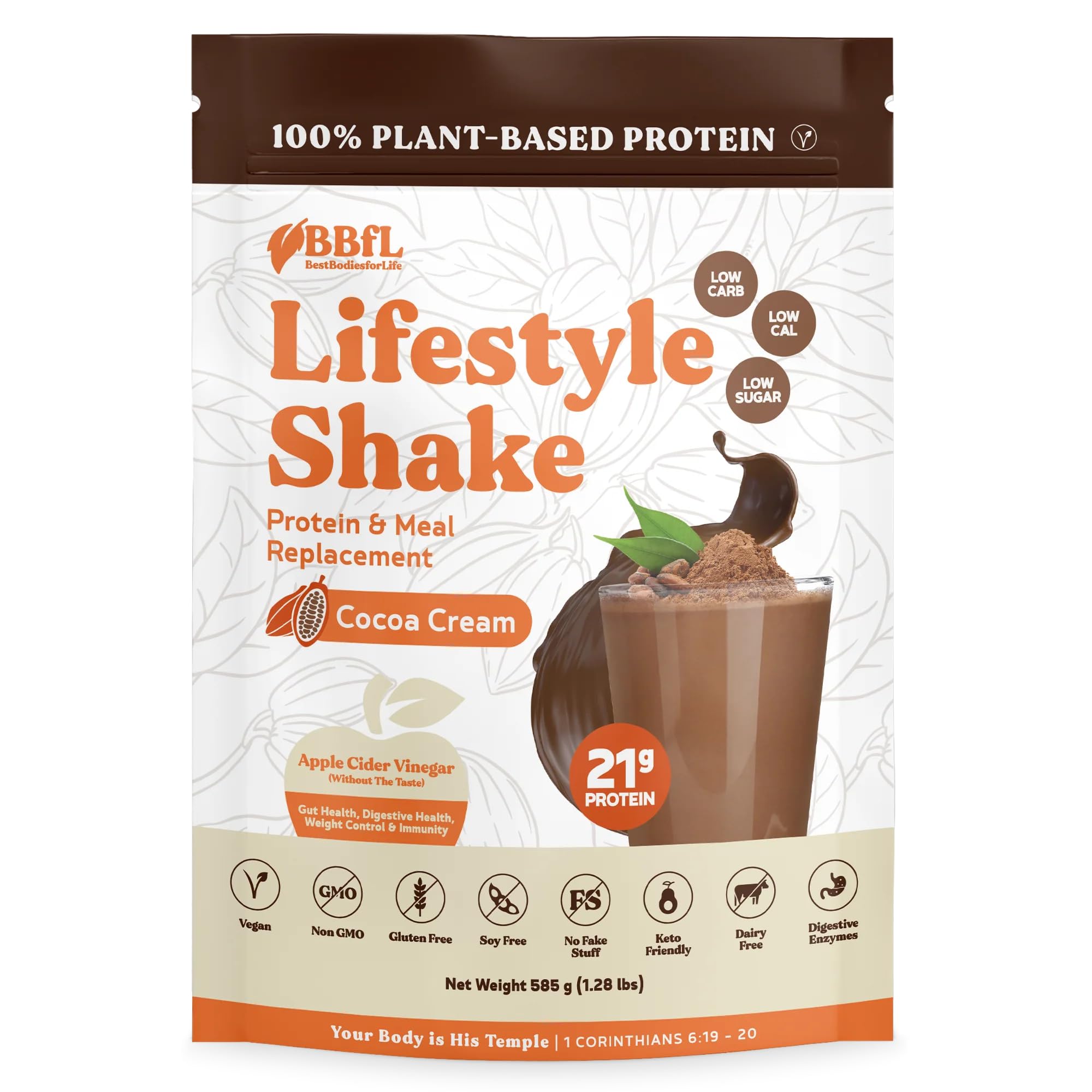 BBfL Meal Replacement Shakes - 21g Vegan Plant Protein Powder with Apple Cider Vinegar & Digestive Enzymes | All-in-One Nutrition Shake for Women & Men (15 Servings, Cocoa Cream) | Perfect for Weight Management, Post-Workout Recovery & Busy Lifestyles