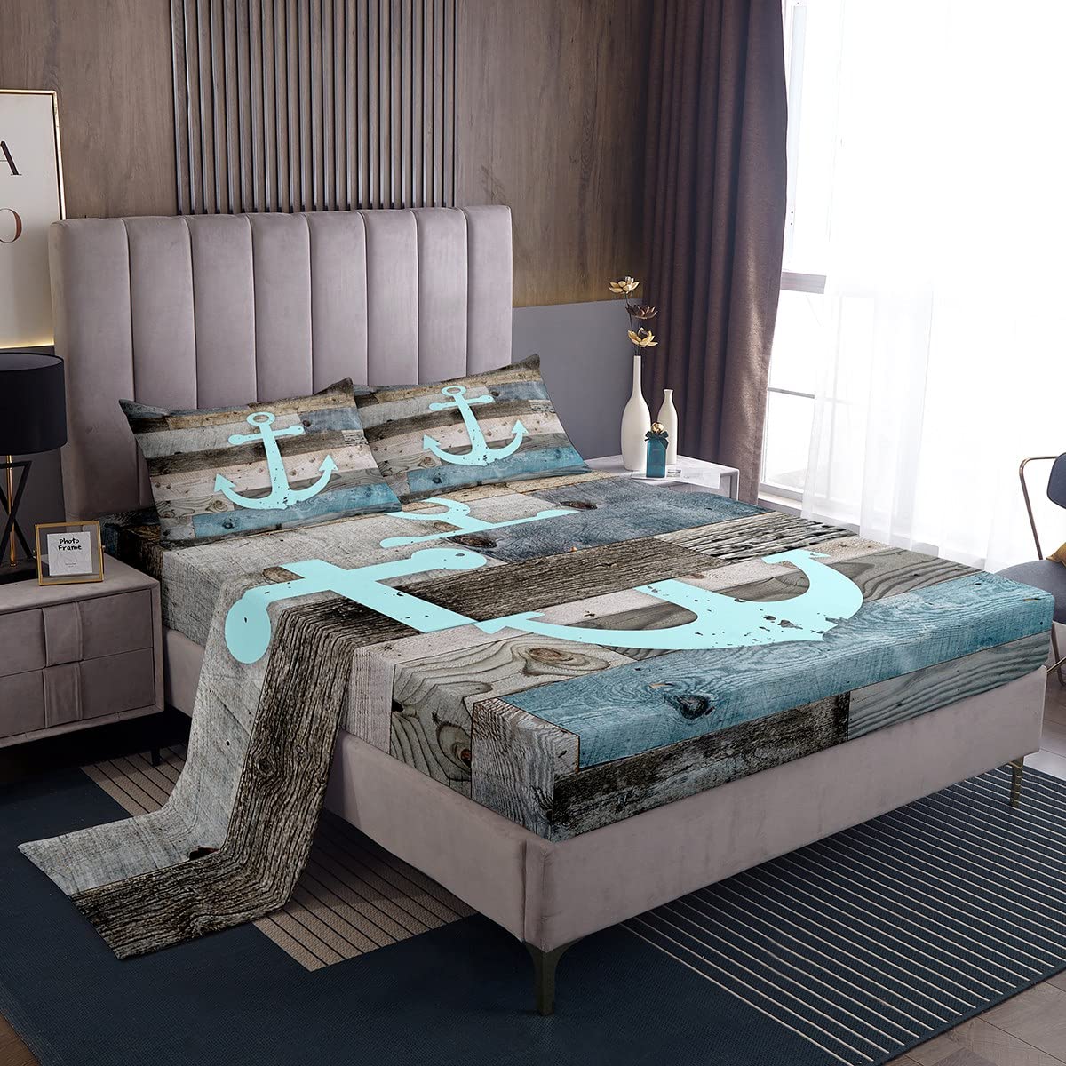 Nautical Anchor Queen Size Fitted Sheet Set with 2 Pillowcases - Farmhouse Style Vintage Ocean Design - Luxury Soft Microfiber Bedding for Teens & Adults - Perfect for Coastal, Beach House, or Nautical Themed Bedrooms