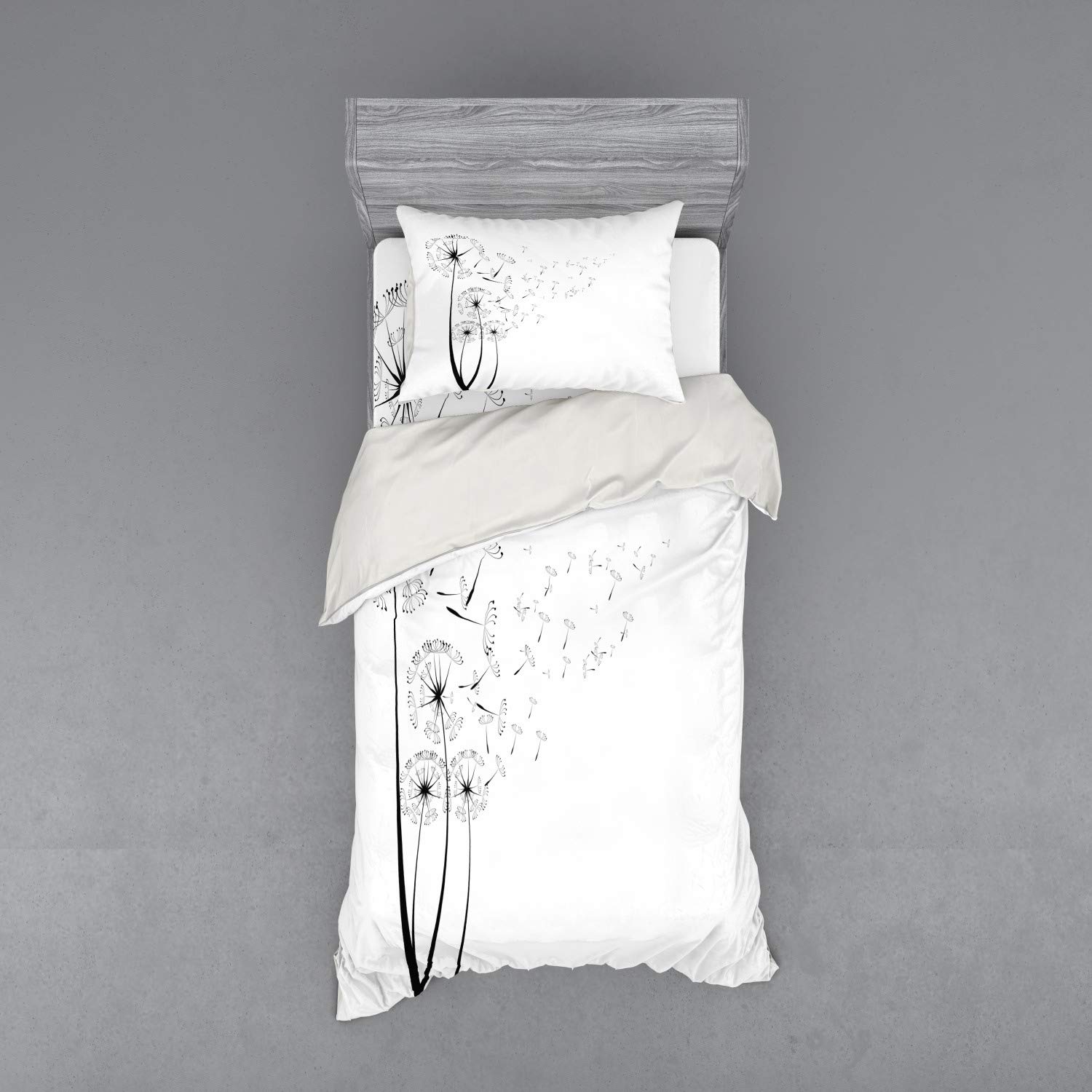 Ambesonne Dandelion Duvet Cover Set - Monochrome Floral Bedding with Sham & Fitted Sheet, Twin Size in White & Charcoal Grey | Perfect for Bohemian & Romantic Bedroom Decor