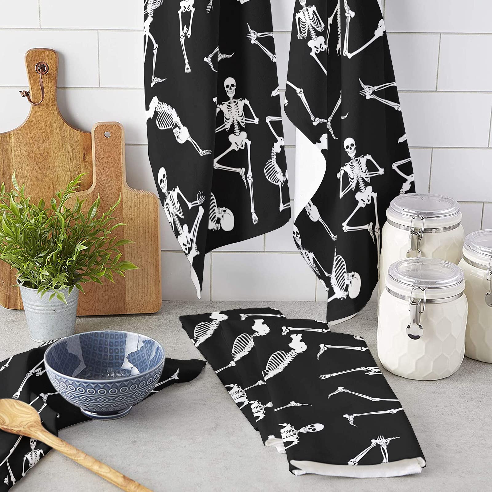 Funny Skeleton Tea Towel - Microfiber, Absorbent & Washable - Halloween Kitchen Decor - 18x28 Inch for Home & Party