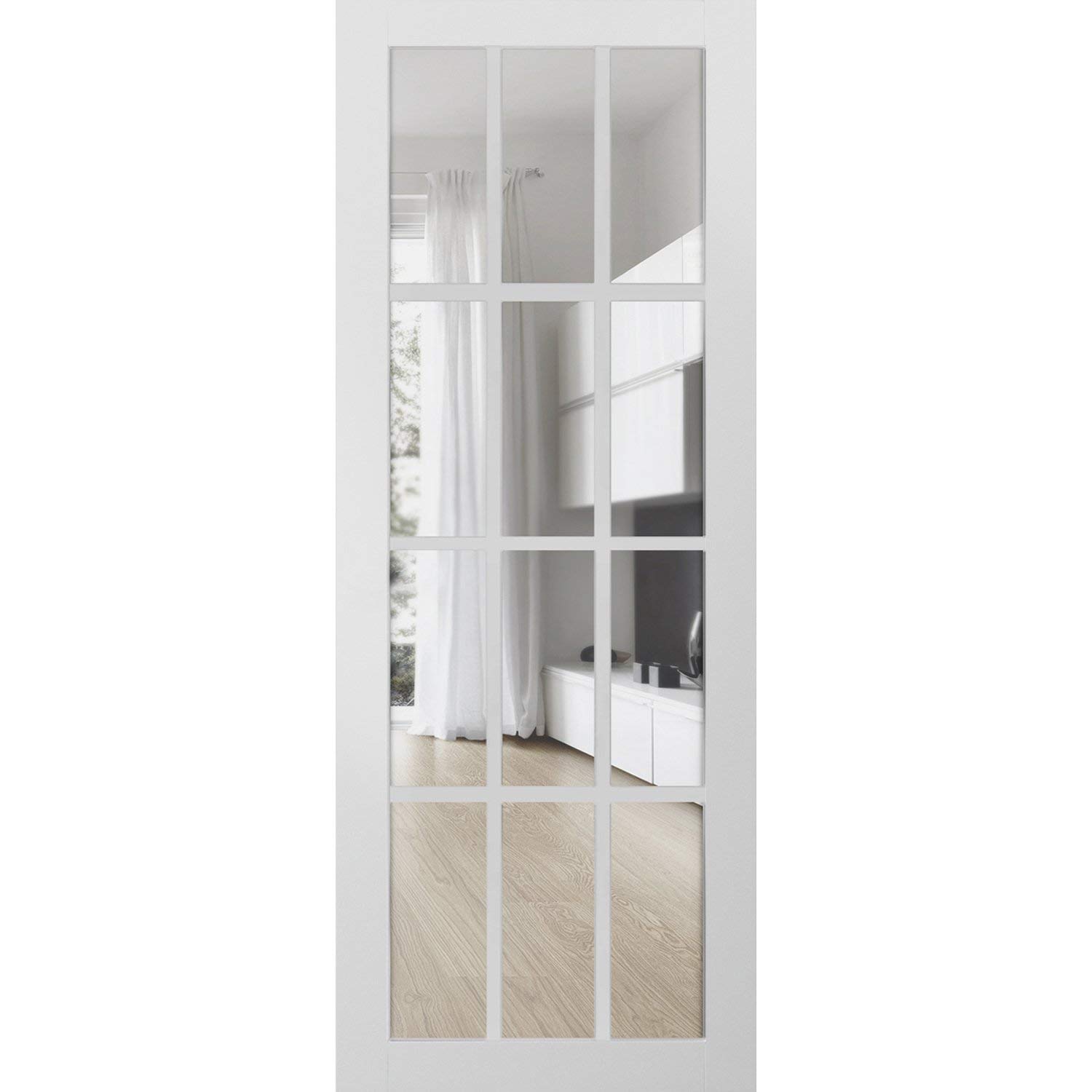 Felicia 3355 Matte White Slab Barn Door Panel with 12 Lites Clear Glass - Interior Door Sample for Modern Farmhouse, Bedroom, or Closet Use
