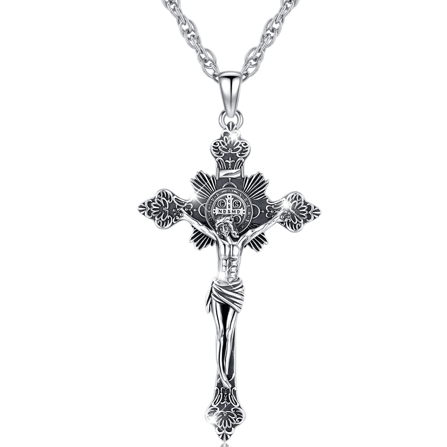 St. Michael St. Christopher Jesus Cross St. Benedict 925 Sterling Silver Pendant Necklace for Men & Women - Religious Jewelry Gift with Gift Box - Protection Charm for Daily Wear, Travel & Special Occasions